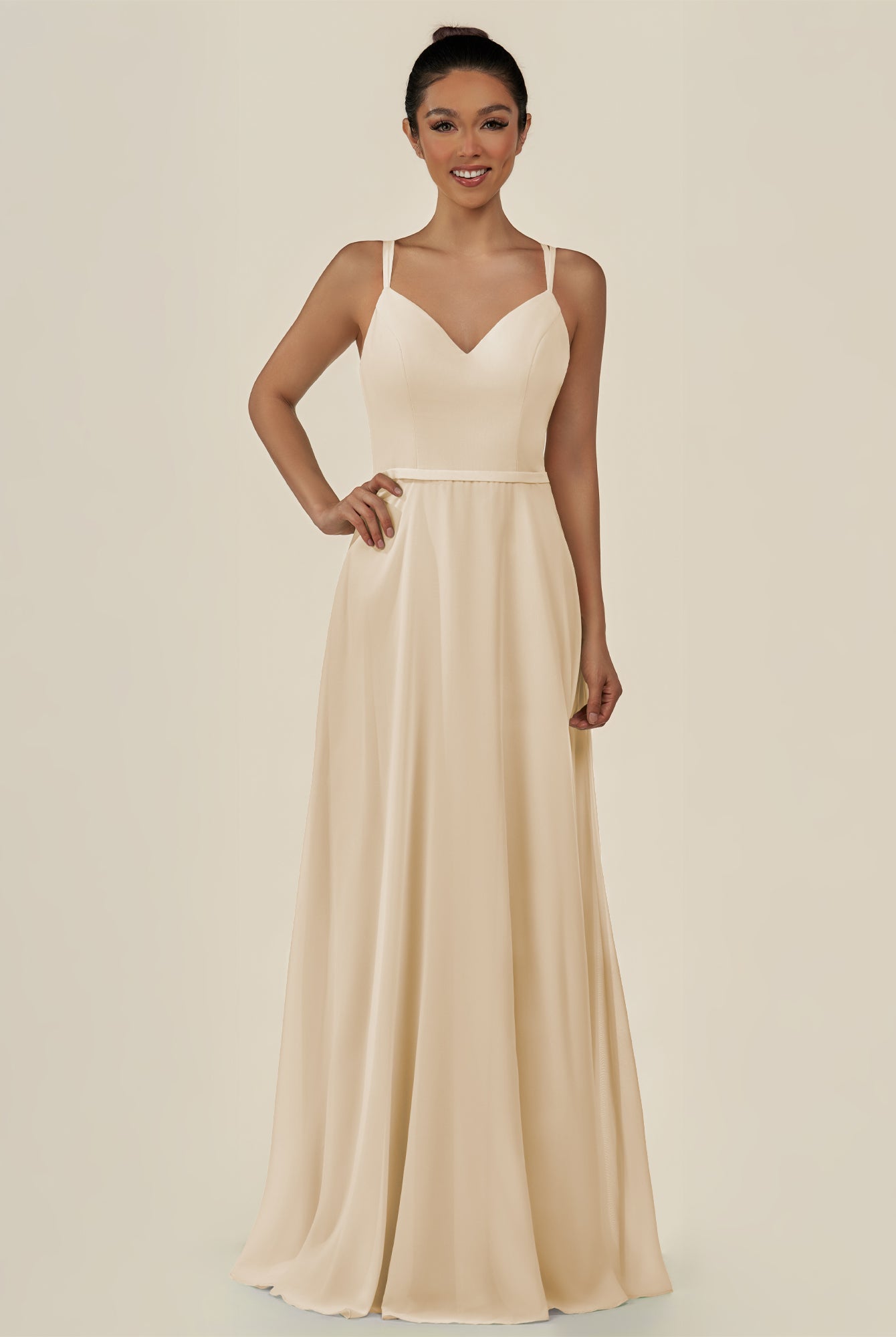 KissDress-Lurne Champagne A Line Chiffon V Neck Long Bridesmaid Dress with Cinched Waistline