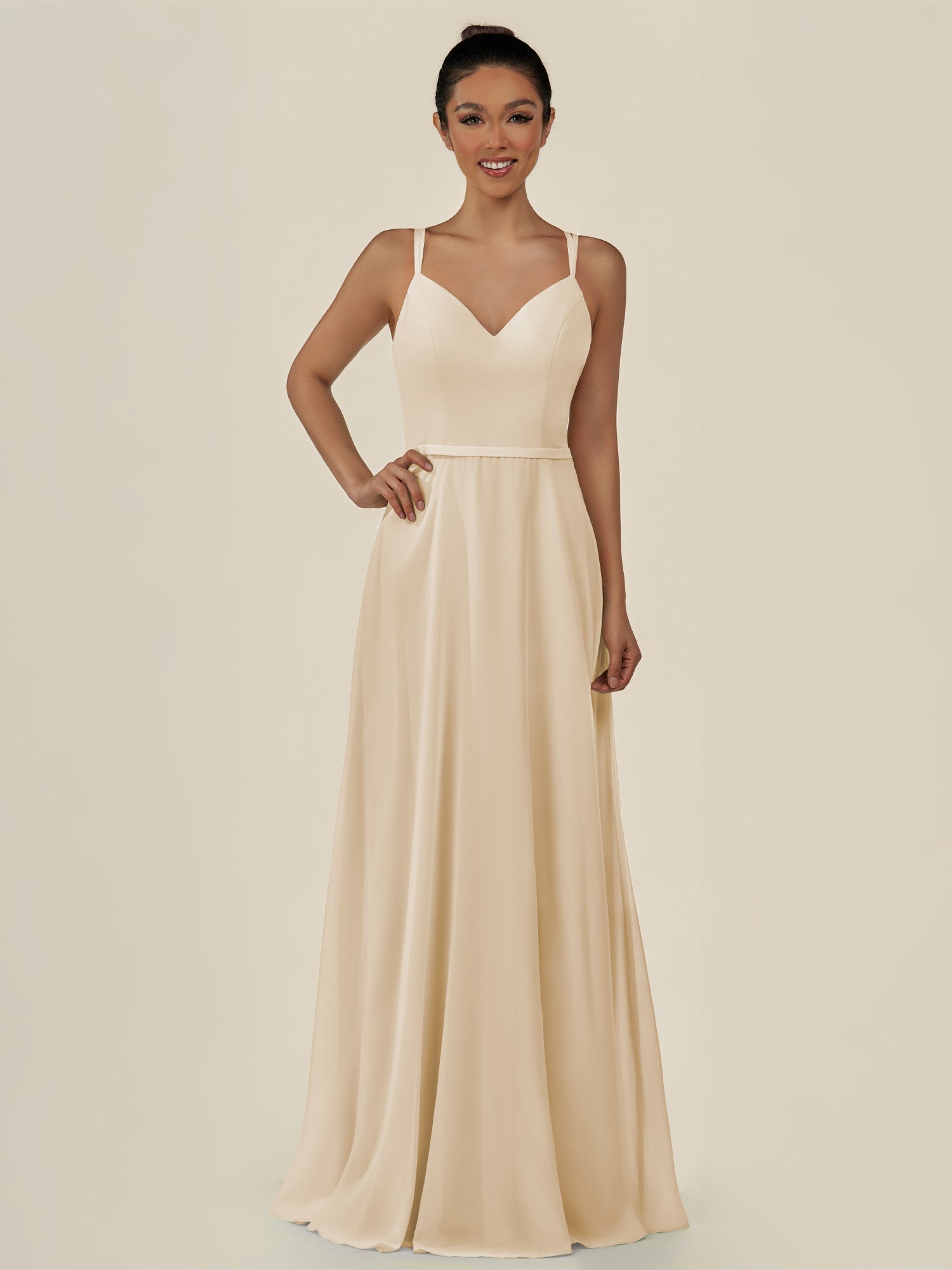 KissDress-Lurne Champagne A Line Chiffon V Neck Long Bridesmaid Dress with Cinched Waistline