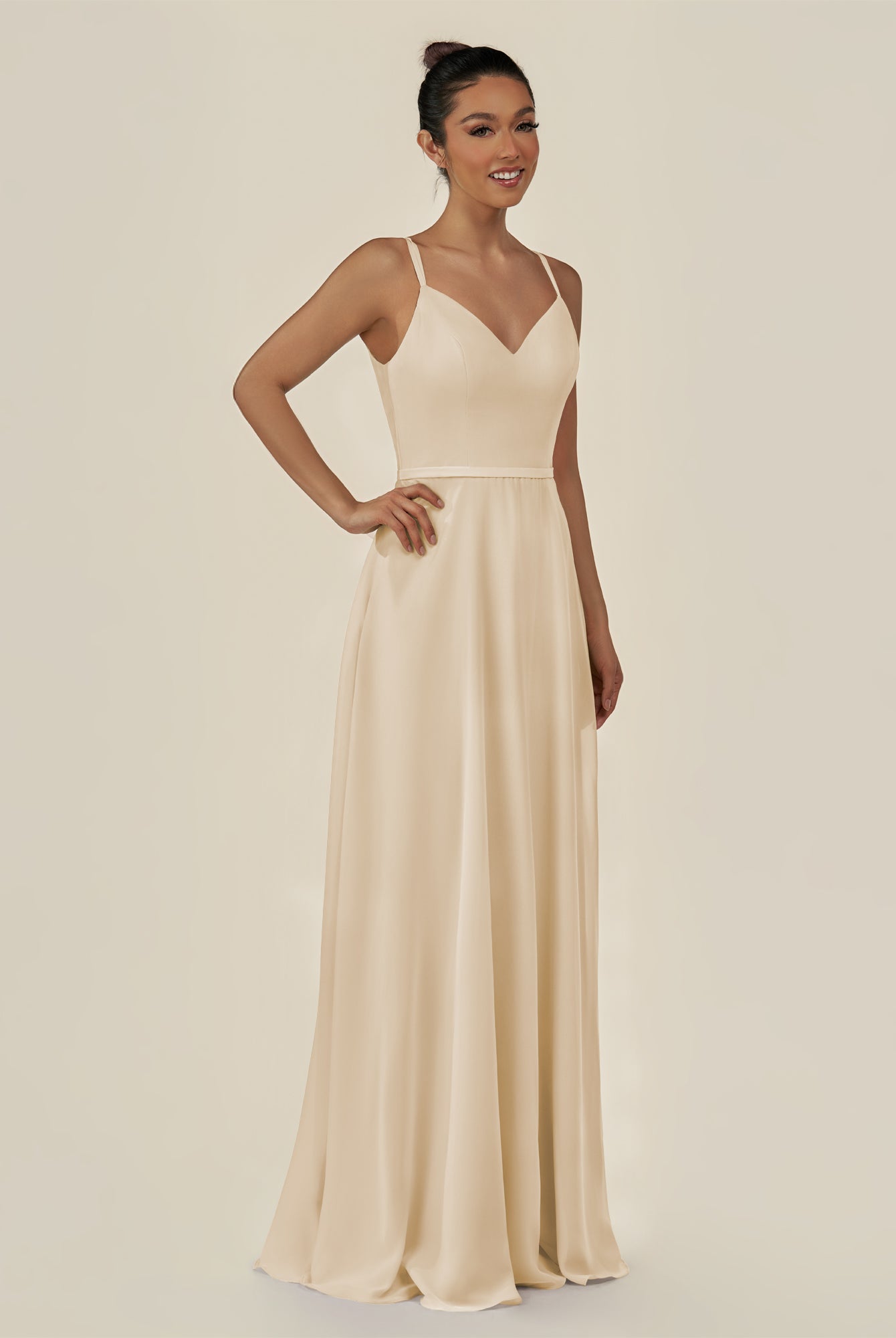 KissDress-Lurne Champagne A Line Chiffon V Neck Long Bridesmaid Dress with Cinched Waistline