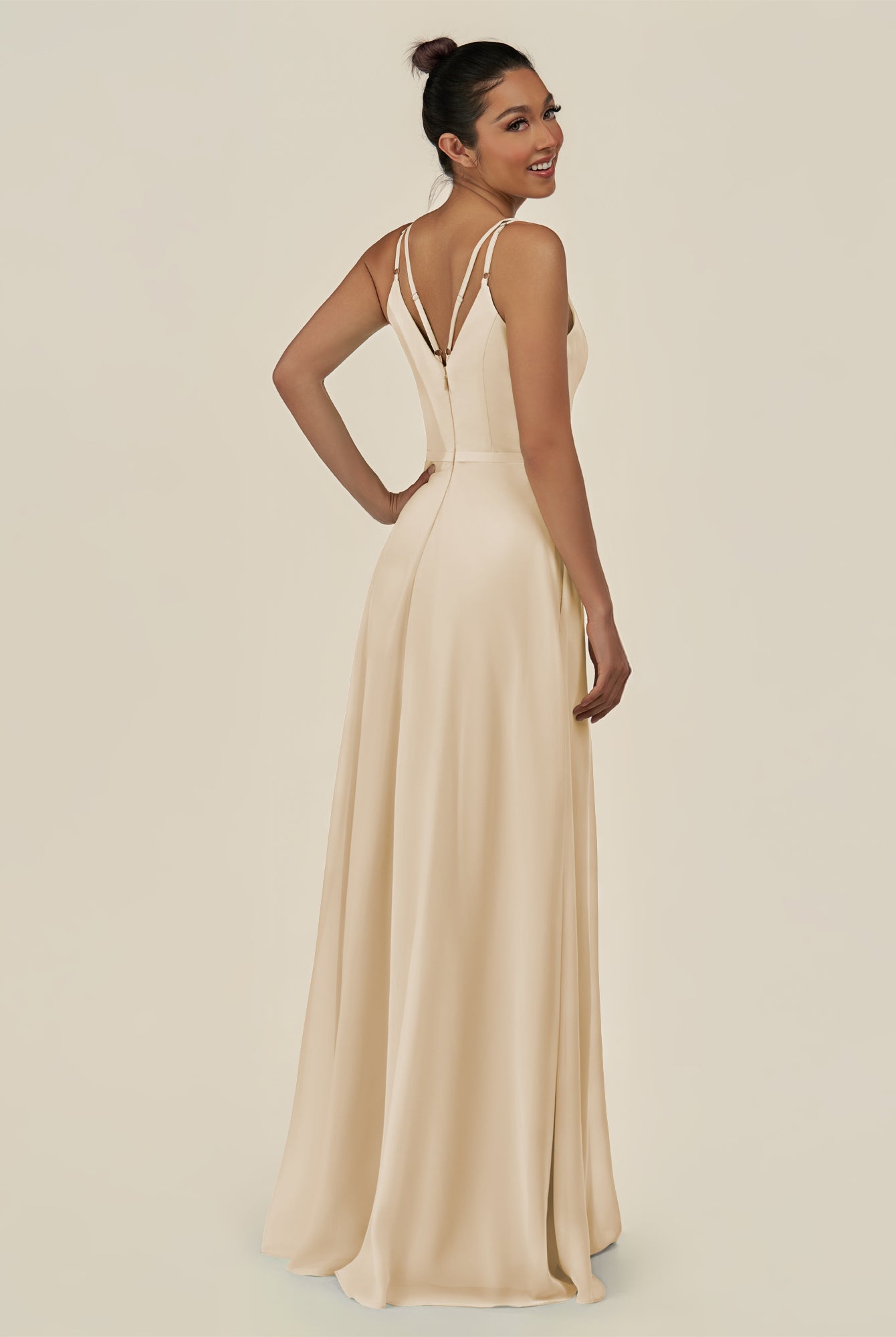 KissDress-Lurne Champagne A Line Chiffon V Neck Long Bridesmaid Dress with Cinched Waistline