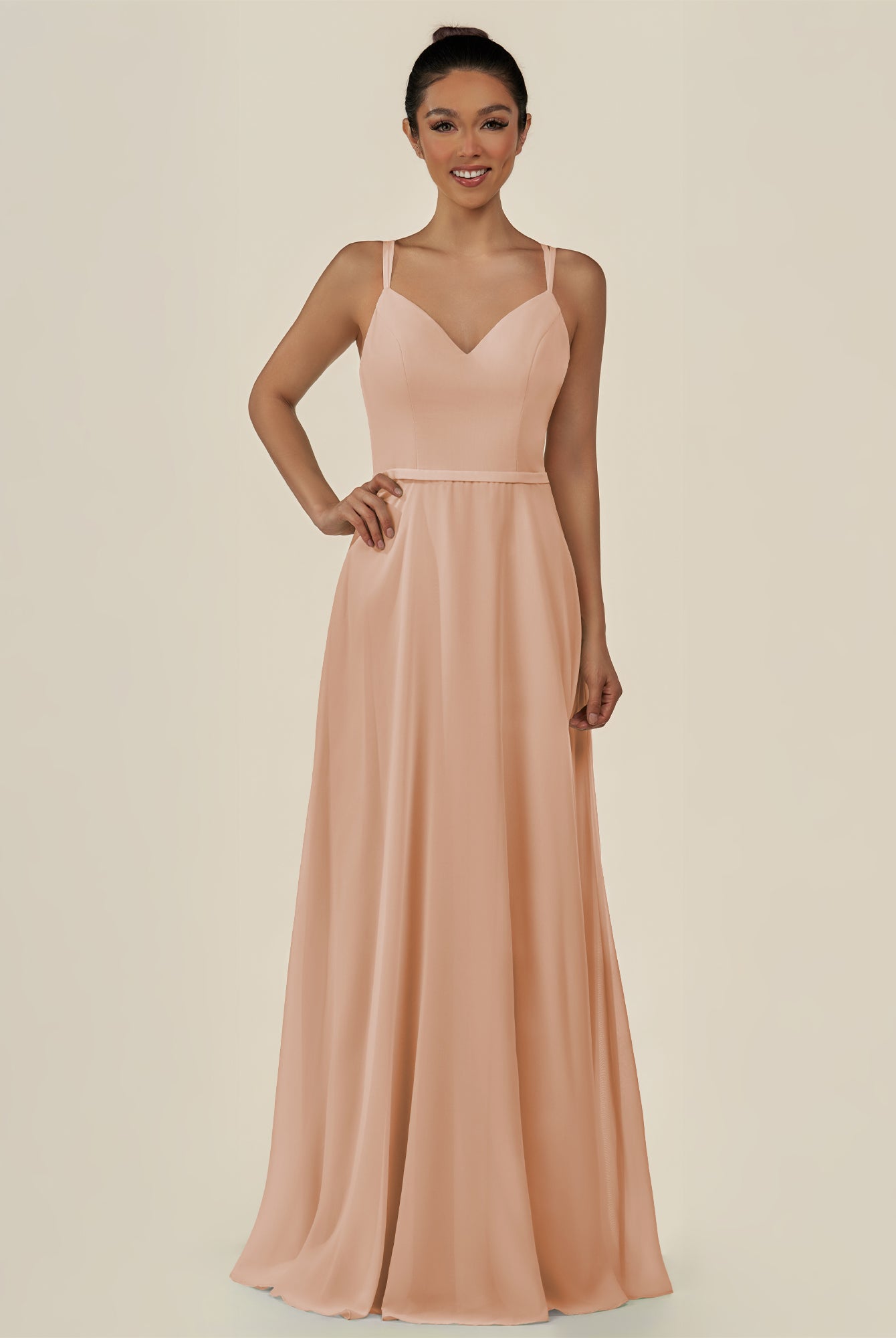KissDress-Lurne Champagne Rose A Line Chiffon V Neck Long Bridesmaid Dress with Cinched Waistline