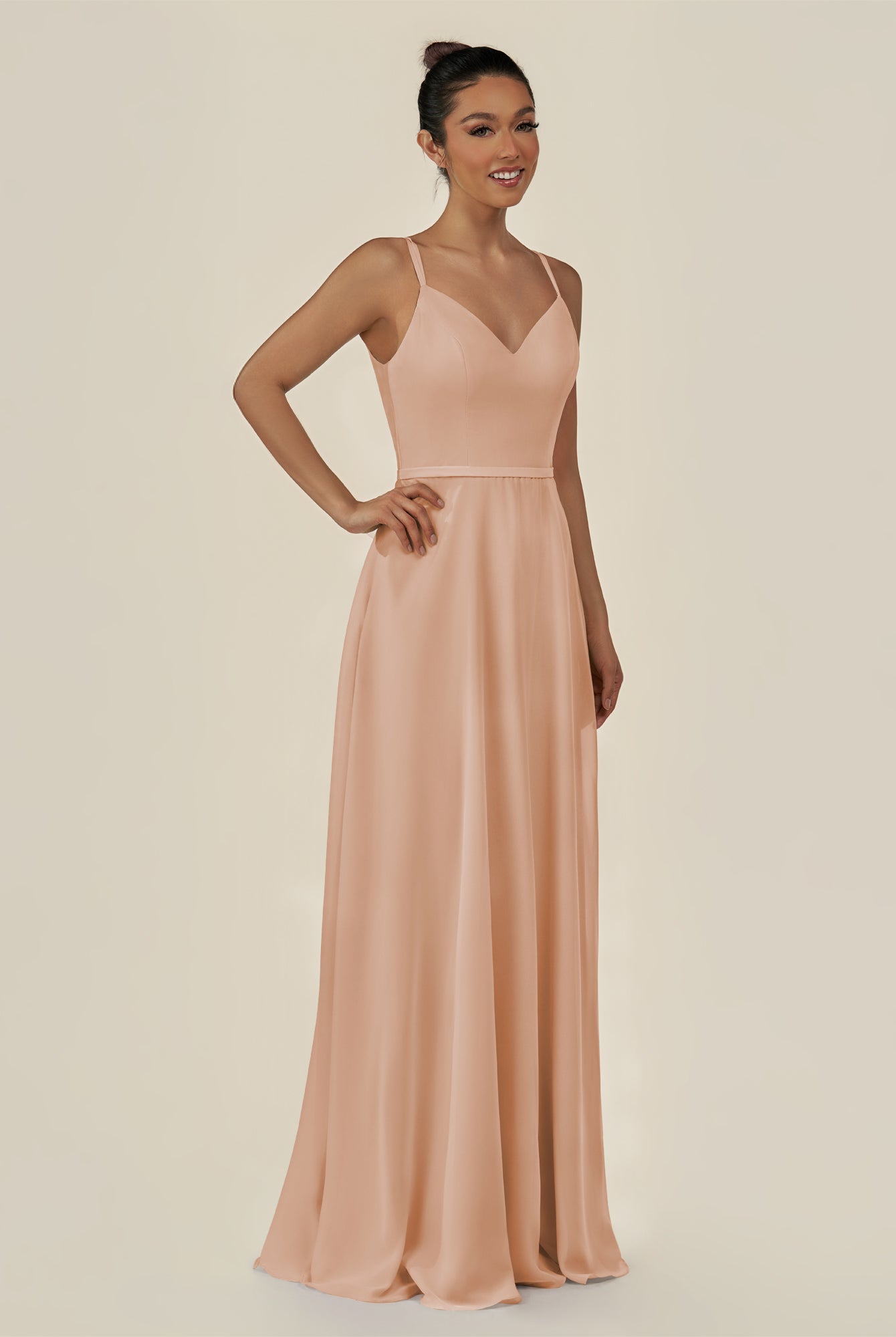 KissDress-Lurne Champagne Rose A Line Chiffon V Neck Long Bridesmaid Dress with Cinched Waistline