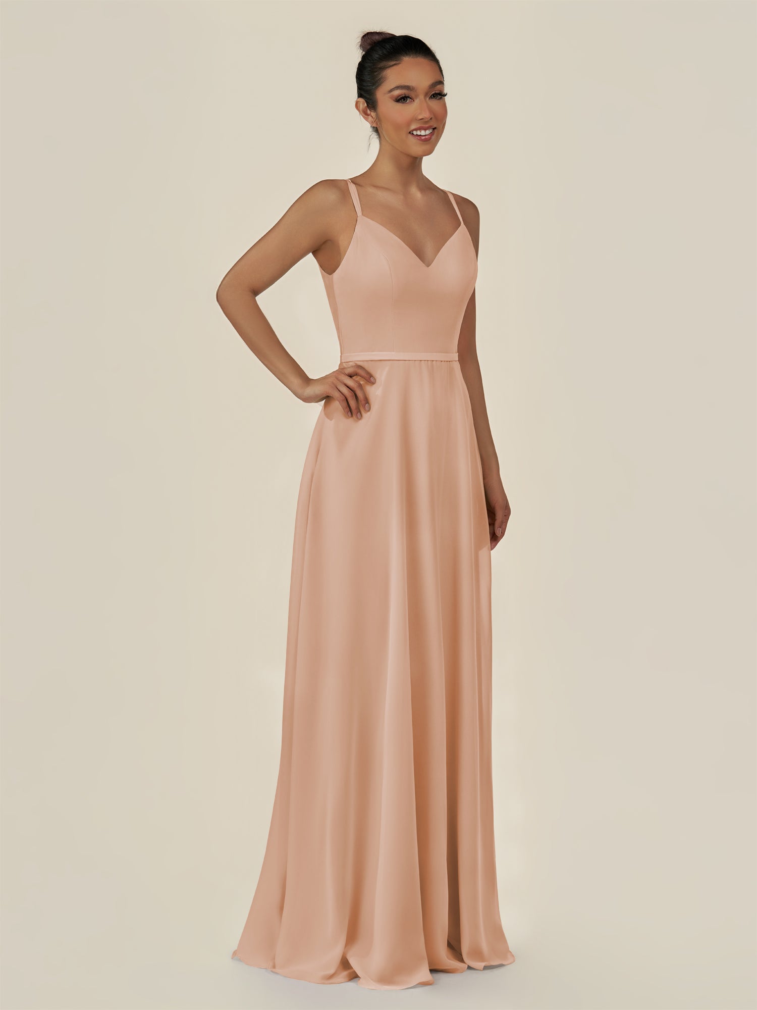 KissDress-Lurne Champagne Rose A Line Chiffon V Neck Long Bridesmaid Dress with Cinched Waistline