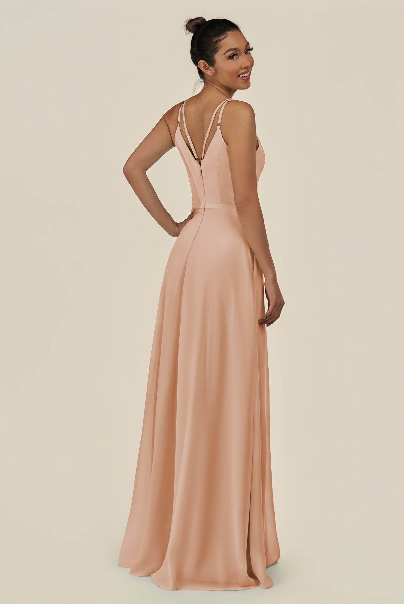 KissDress-Lurne Champagne Rose A Line Chiffon V Neck Long Bridesmaid Dress with Cinched Waistline
