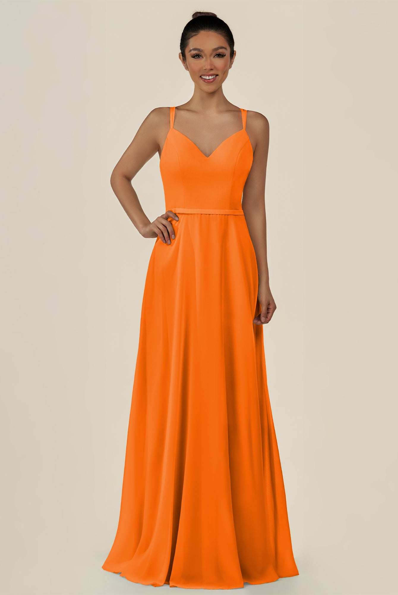 KissDress-Lurne Cinnamon A Line Chiffon V Neck Long Bridesmaid Dress with Cinched Waistline