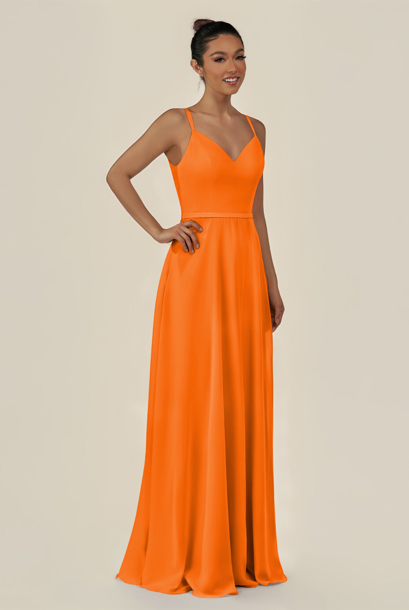 KissDress-Lurne Cinnamon A Line Chiffon V Neck Long Bridesmaid Dress with Cinched Waistline