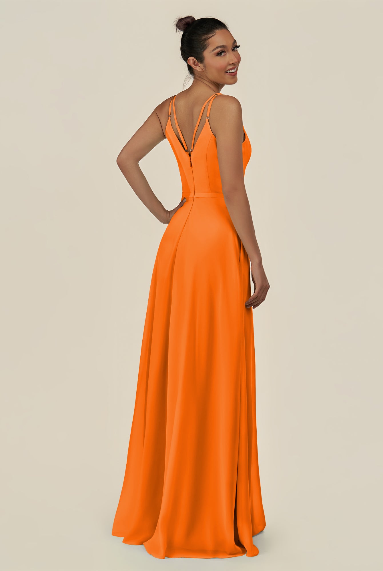 KissDress-Lurne Cinnamon A Line Chiffon V Neck Long Bridesmaid Dress with Cinched Waistline