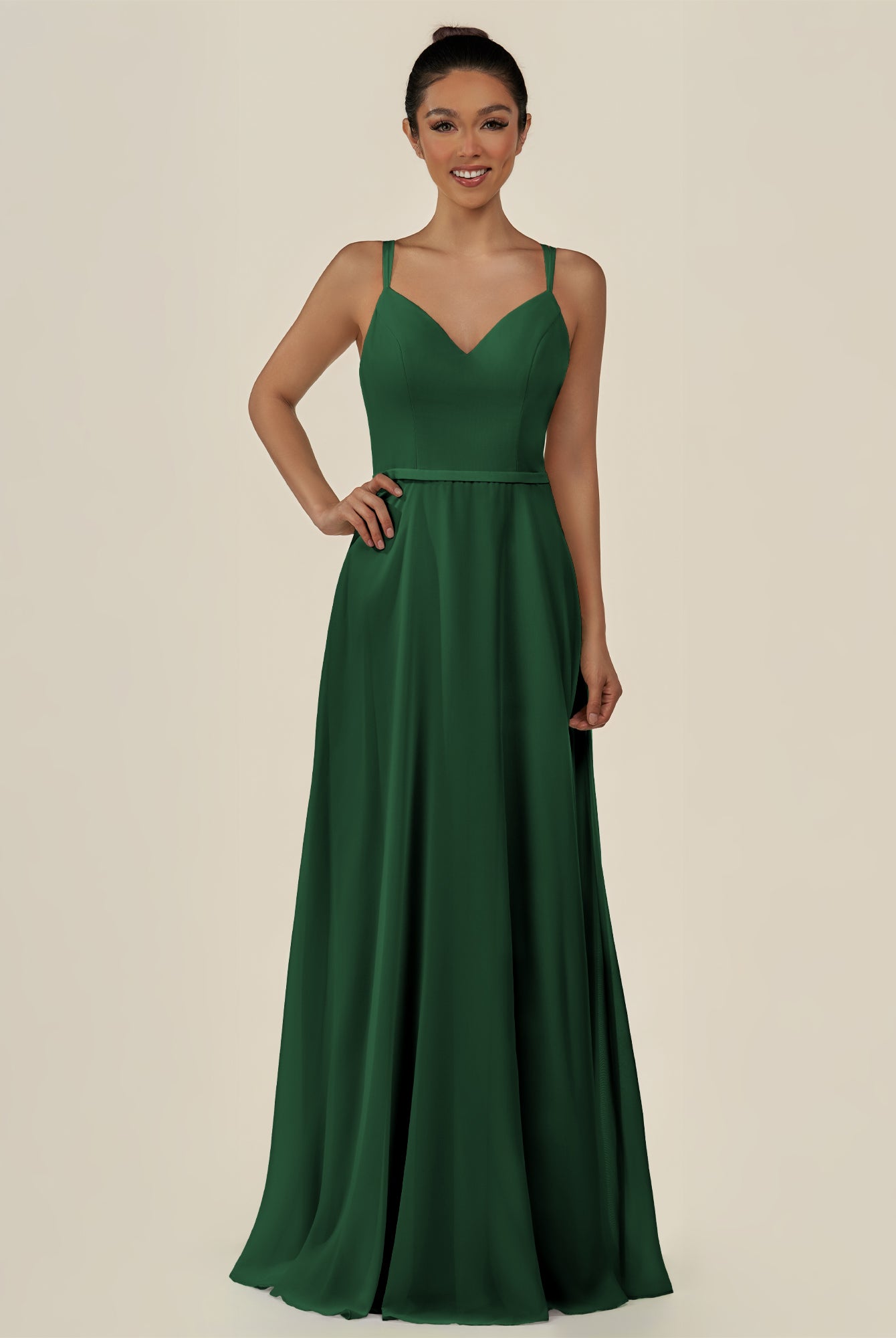 KissDress-Lurne Dark Green A Line Chiffon V Neck Long Bridesmaid Dress with Cinched Waistline