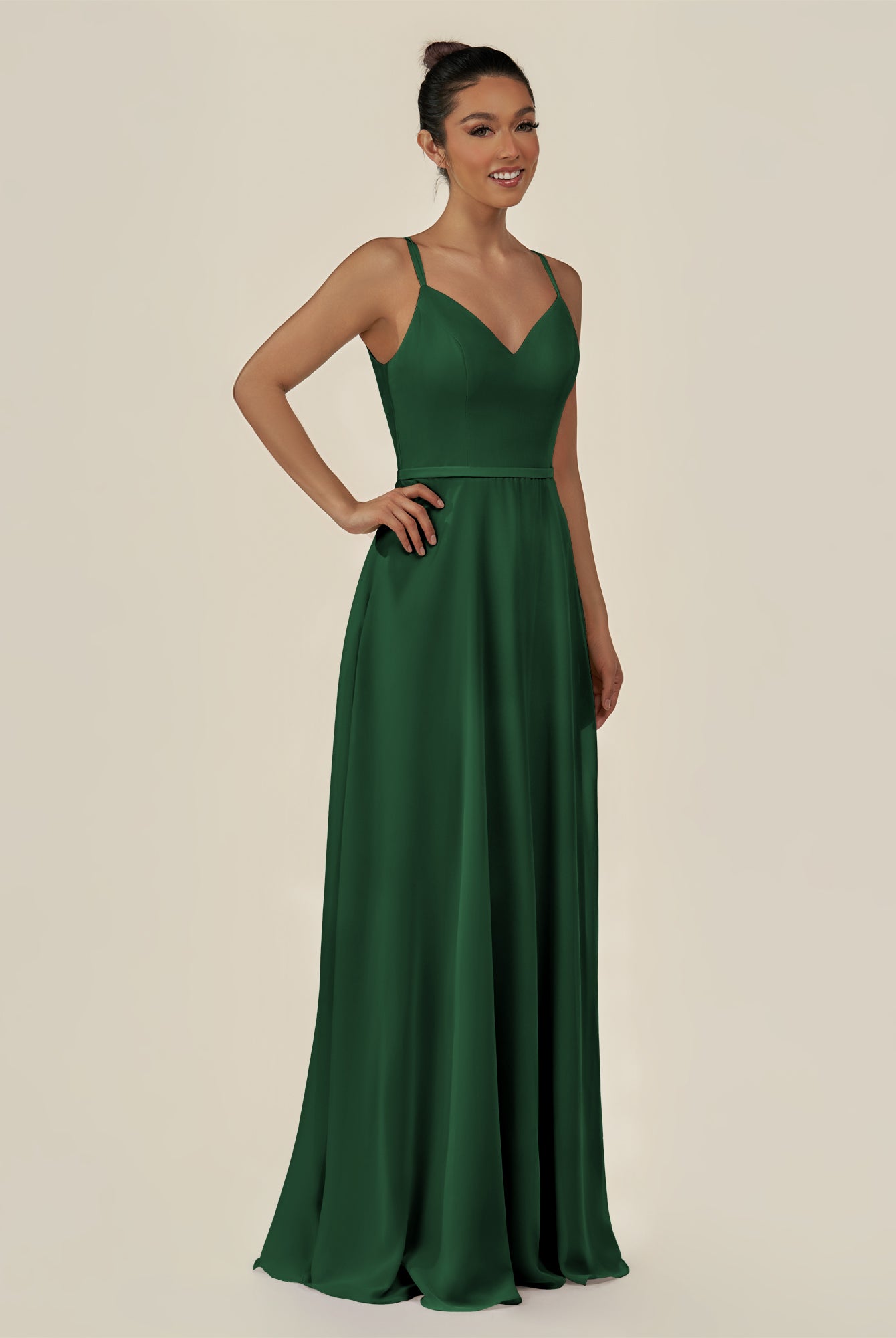 KissDress-Lurne Dark Green A Line Chiffon V Neck Long Bridesmaid Dress with Cinched Waistline