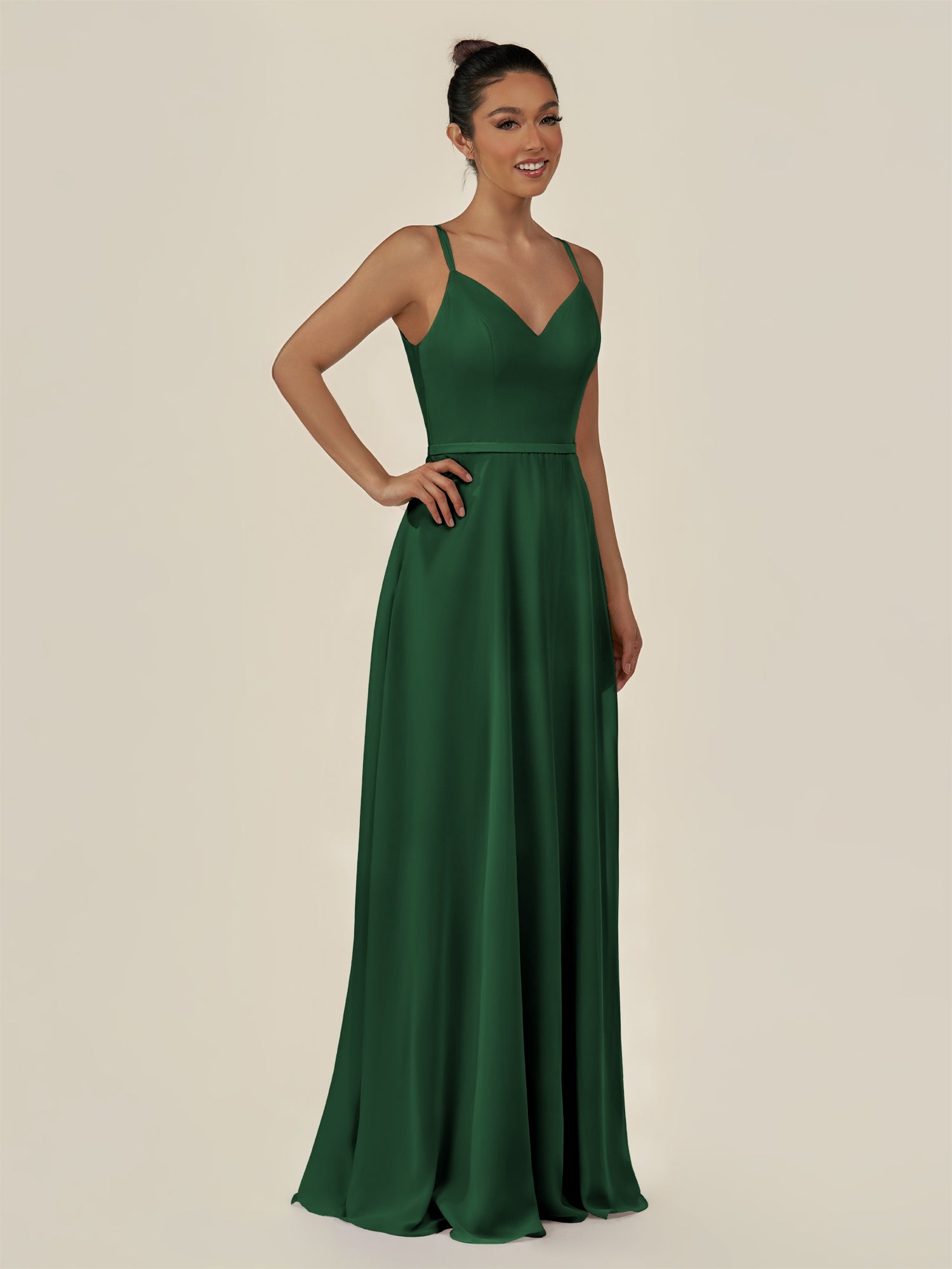 KissDress-Lurne Dark Green A Line Chiffon V Neck Long Bridesmaid Dress with Cinched Waistline