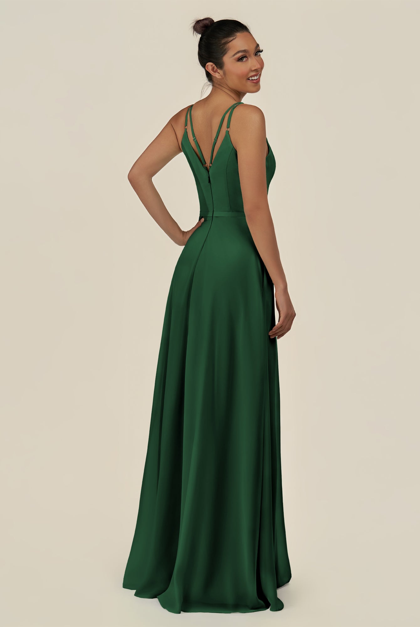 KissDress-Lurne Dark Green A Line Chiffon V Neck Long Bridesmaid Dress with Cinched Waistline