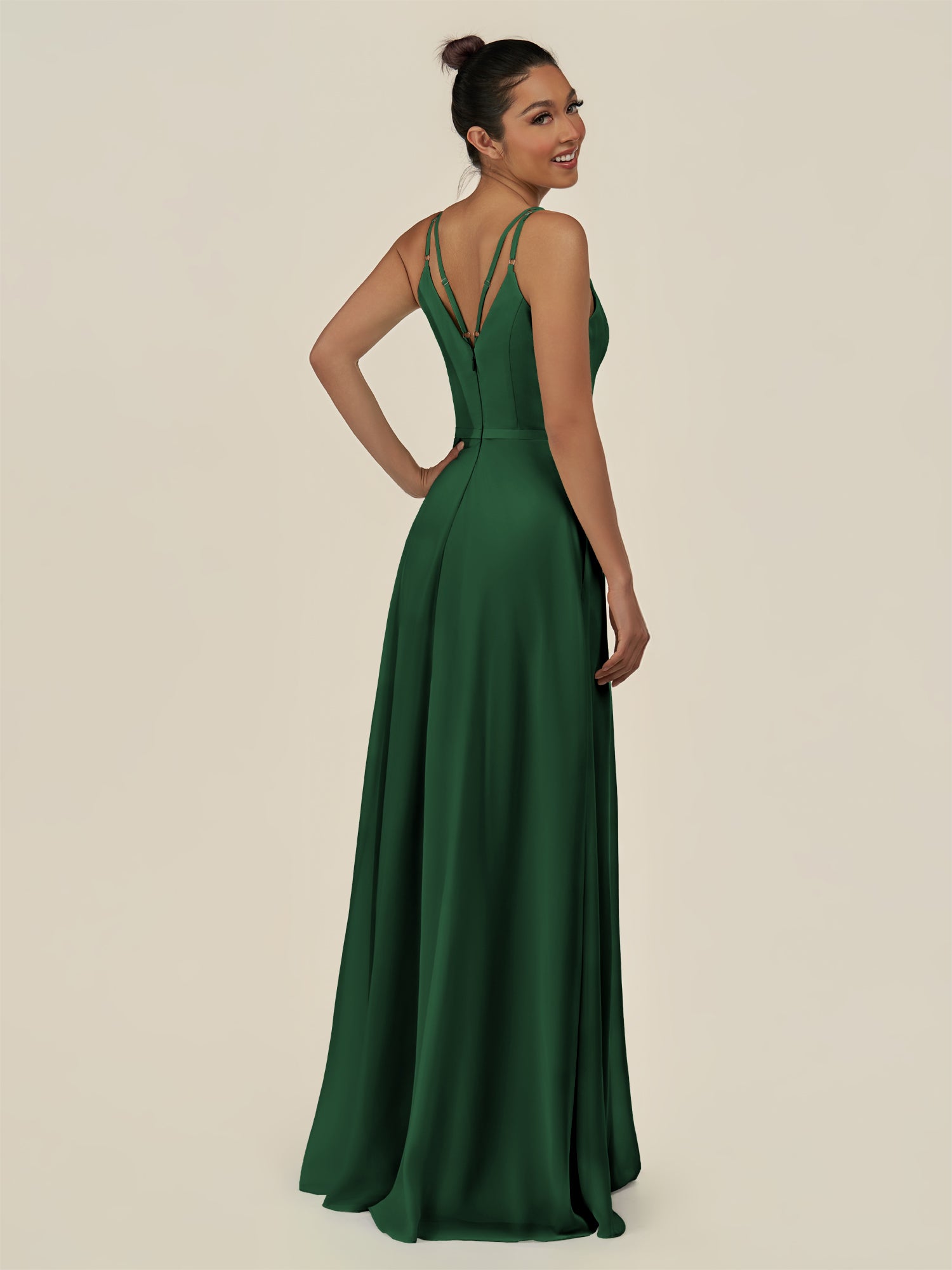 KissDress-Lurne Dark Green A Line Chiffon V Neck Long Bridesmaid Dress with Cinched Waistline