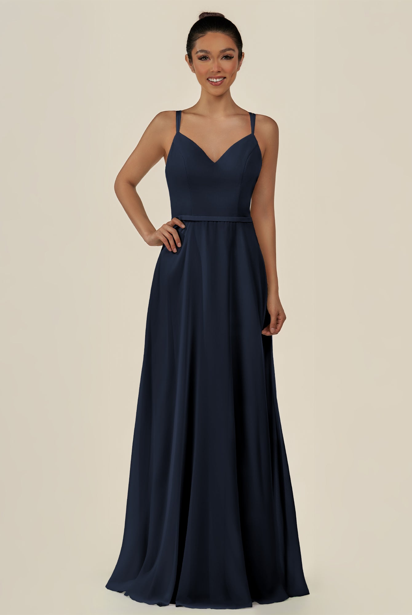KissDress-Lurne Dark Navy A Line Chiffon V Neck Long Bridesmaid Dress with Cinched Waistline