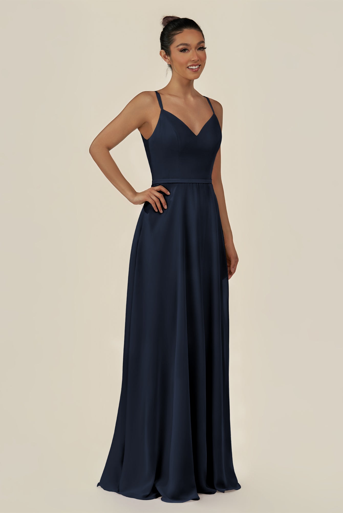 KissDress-Lurne Dark Navy A Line Chiffon V Neck Long Bridesmaid Dress with Cinched Waistline