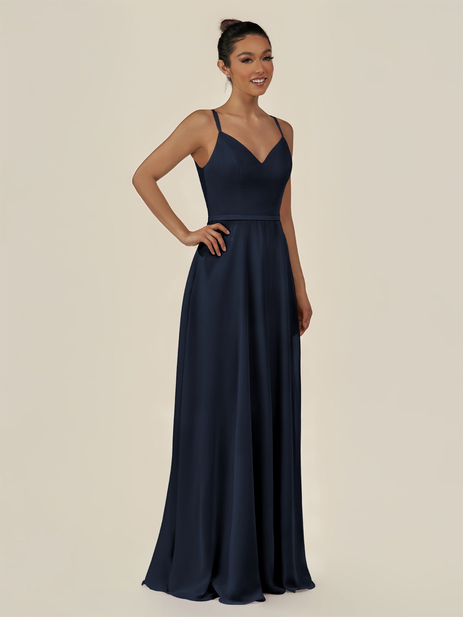 KissDress-Lurne Dark Navy A Line Chiffon V Neck Long Bridesmaid Dress with Cinched Waistline