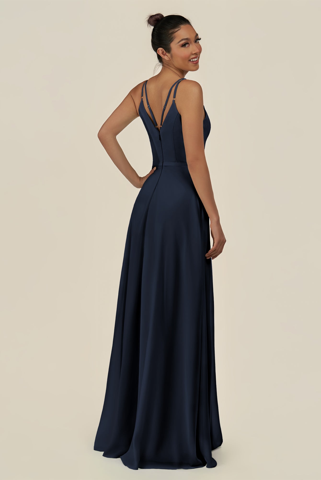 KissDress-Lurne Dark Navy A Line Chiffon V Neck Long Bridesmaid Dress with Cinched Waistline