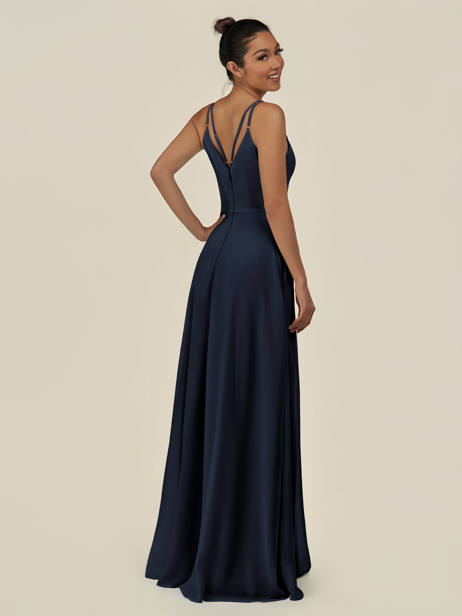 KissDress-Lurne Dark Navy A Line Chiffon V Neck Long Bridesmaid Dress with Cinched Waistline