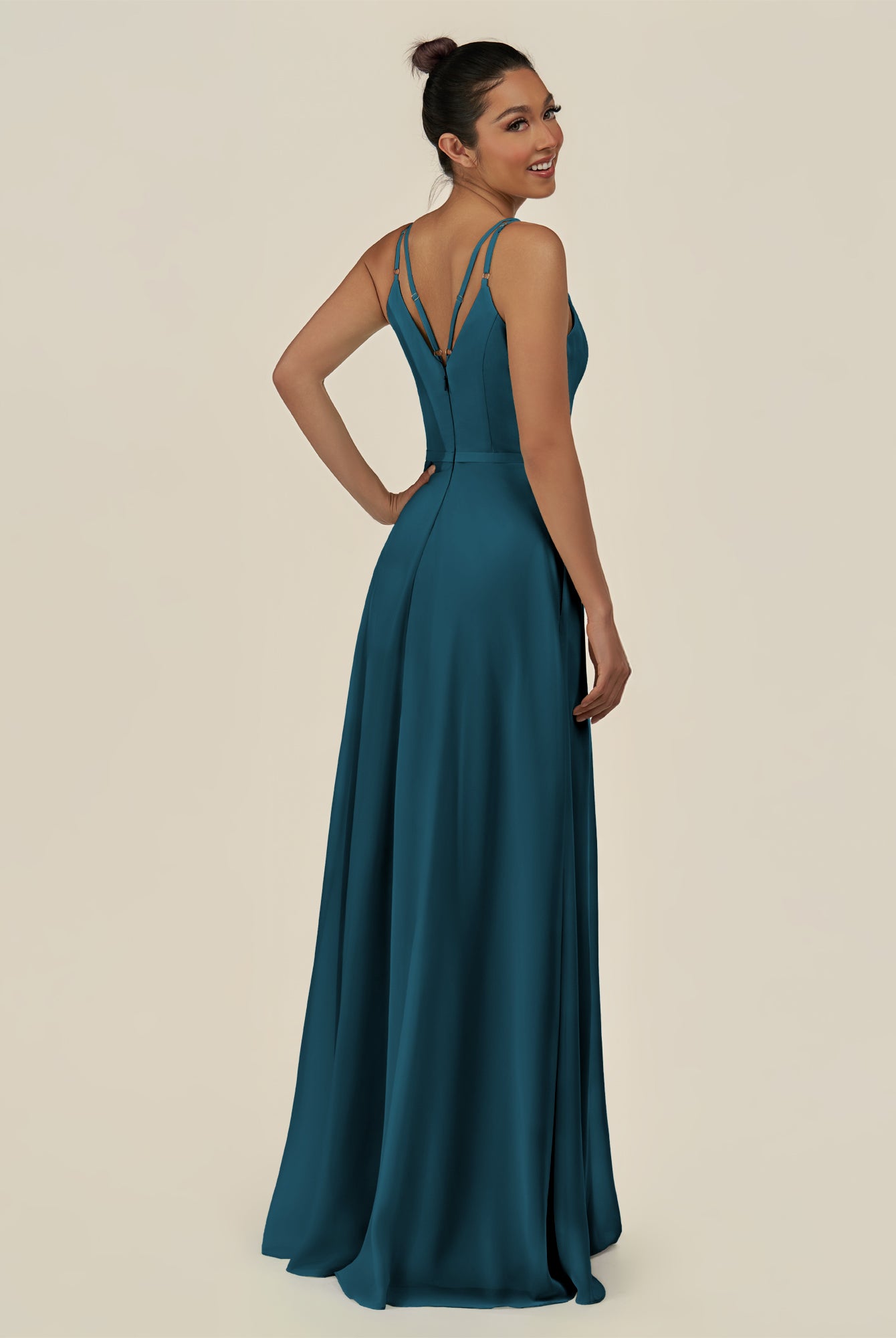 KissDress-Lurne Dark Teal A Line Chiffon V Neck Long Bridesmaid Dress with Cinched Waistline