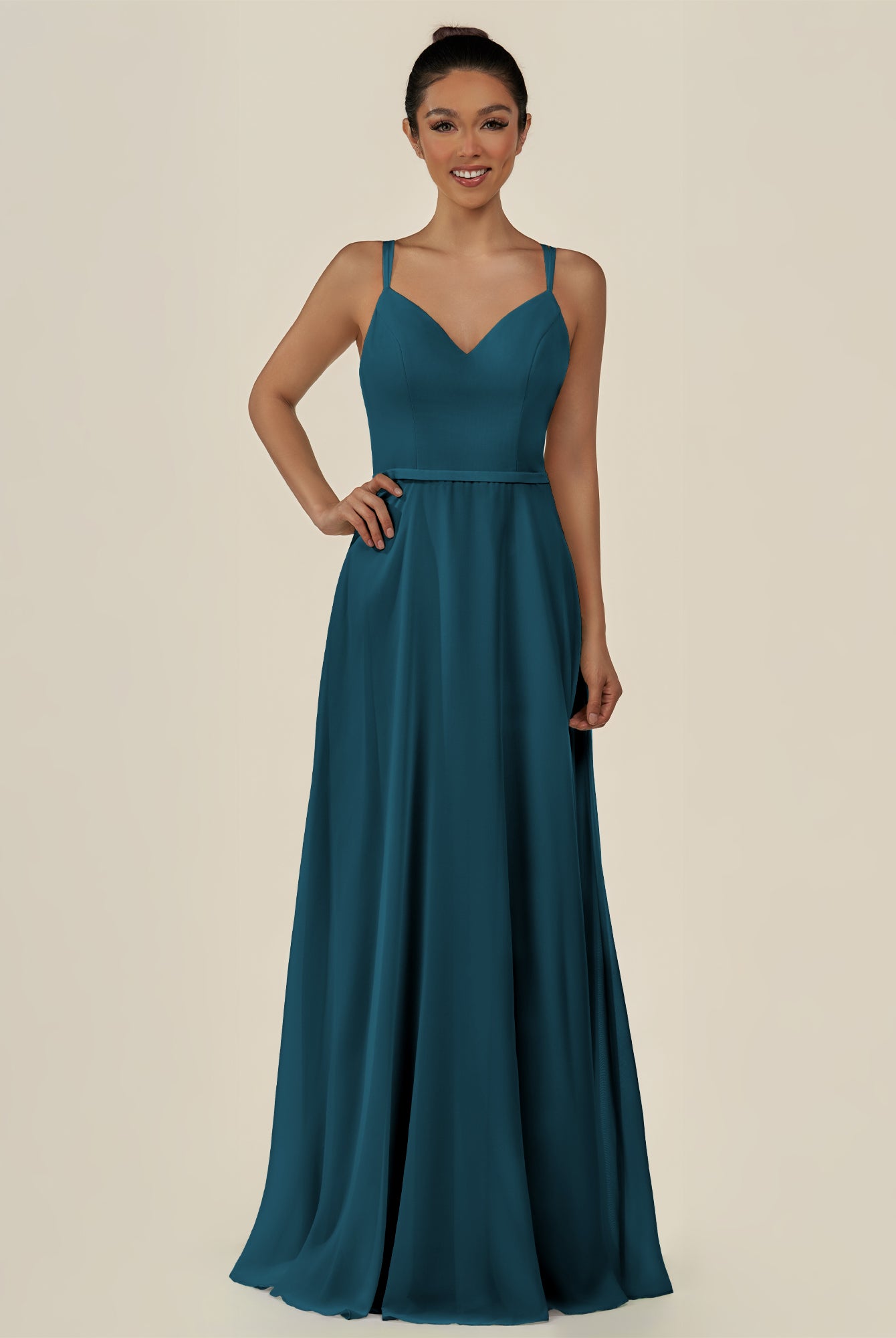 KissDress-Lurne Dark Teal A Line Chiffon V Neck Long Bridesmaid Dress with Cinched Waistline