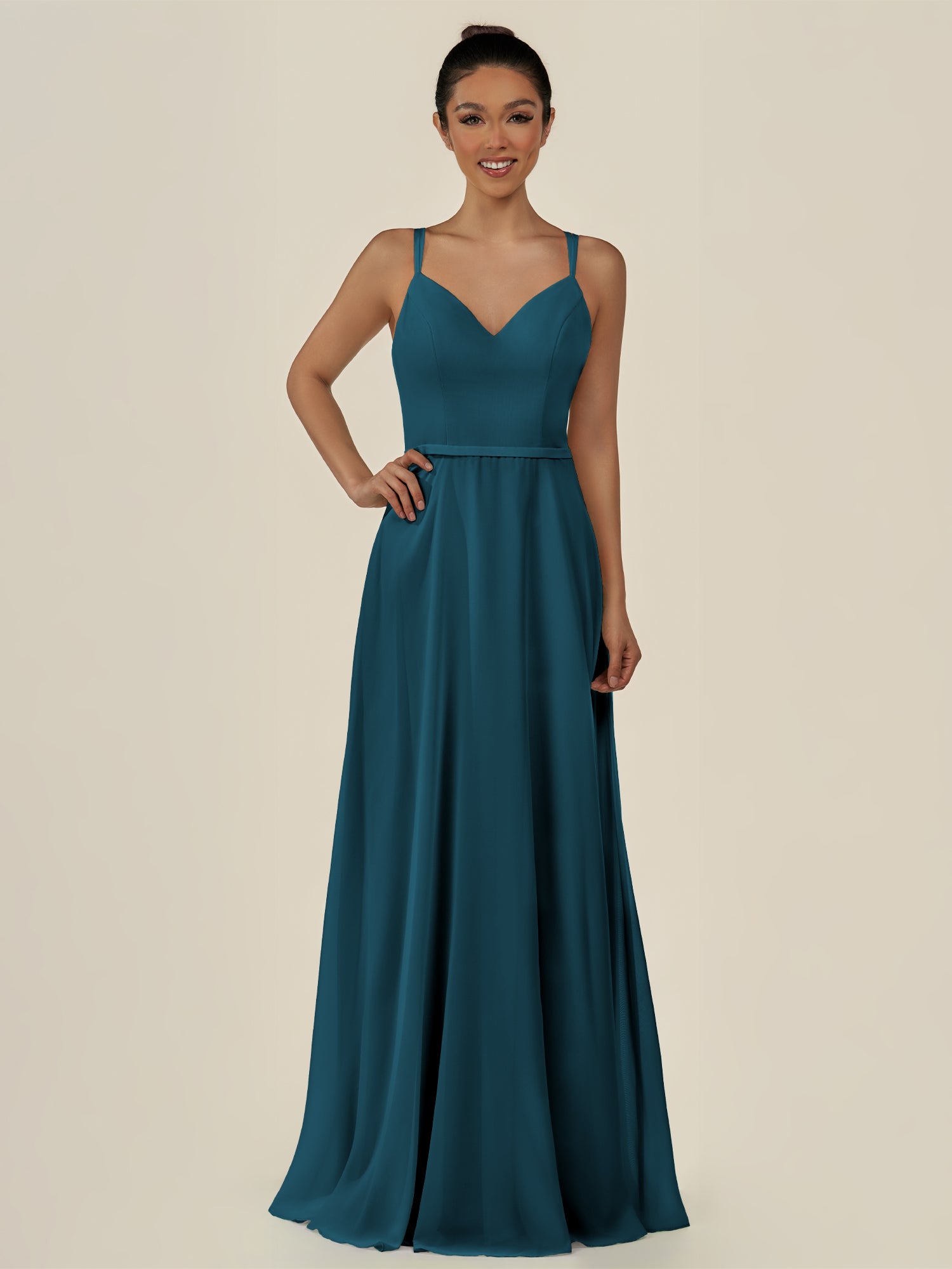 KissDress-Lurne Dark Teal A Line Chiffon V Neck Long Bridesmaid Dress with Cinched Waistline