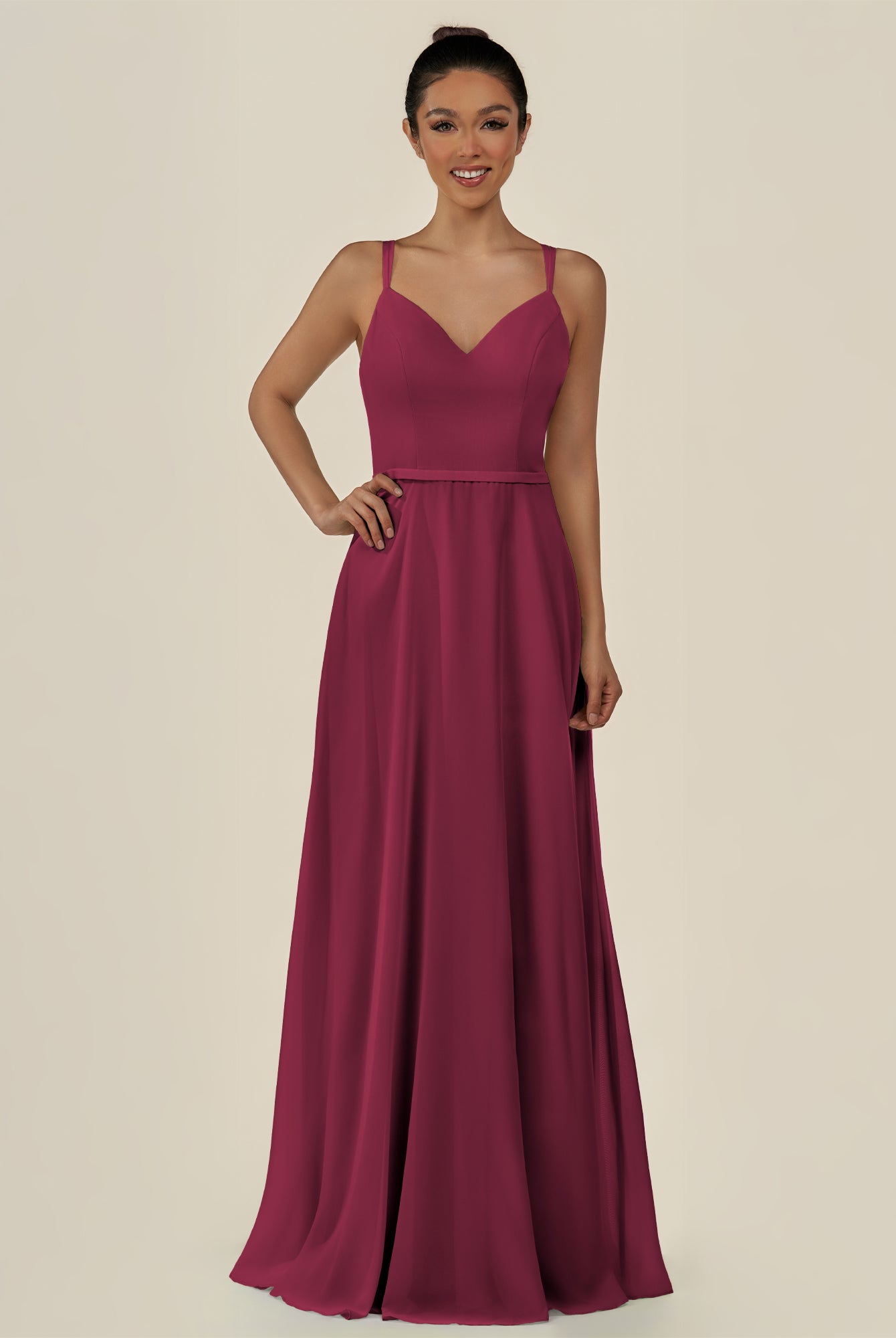 KissDress-Lurne Desert Rose A Line Chiffon V Neck Long Bridesmaid Dress with Cinched Waistline