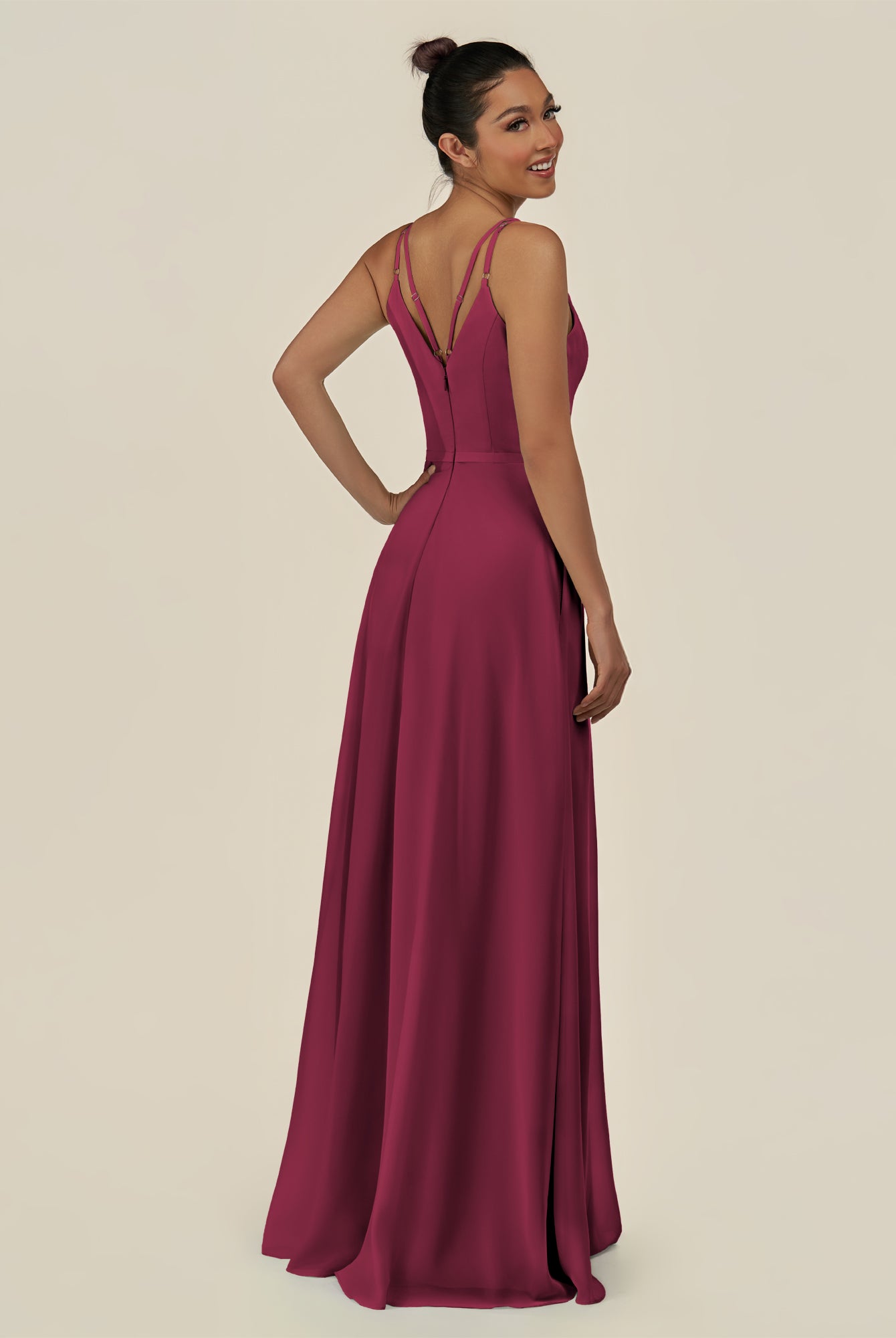 KissDress-Lurne Desert Rose A Line Chiffon V Neck Long Bridesmaid Dress with Cinched Waistline