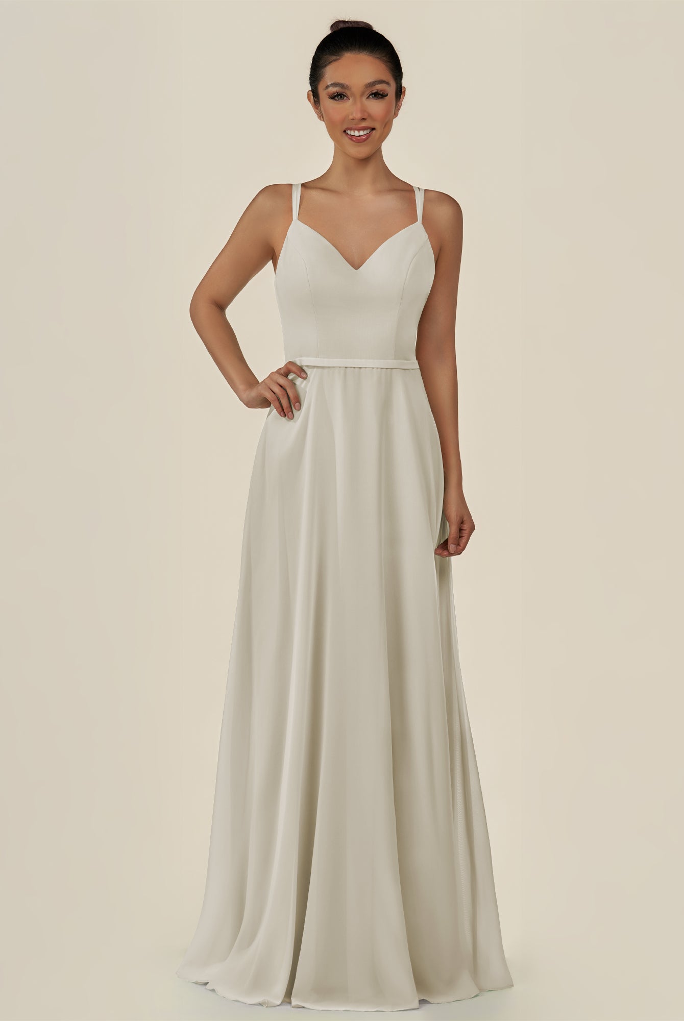 KissDress-Lurne Dove Gray A Line Chiffon V Neck Long Bridesmaid Dress with Cinched Waistline