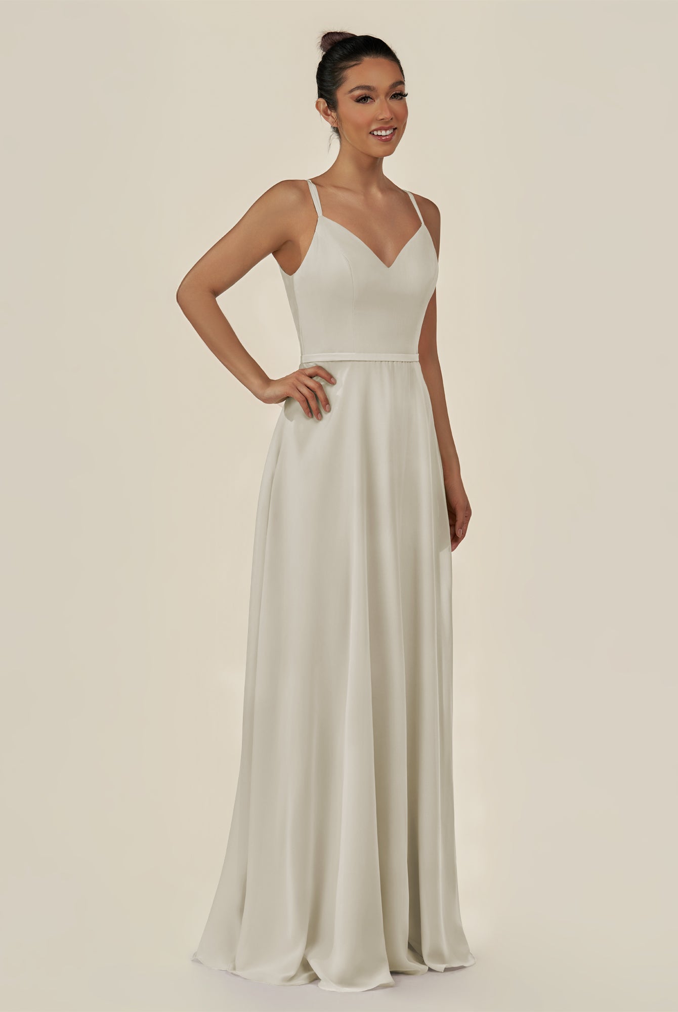 KissDress-Lurne Dove Gray A Line Chiffon V Neck Long Bridesmaid Dress with Cinched Waistline