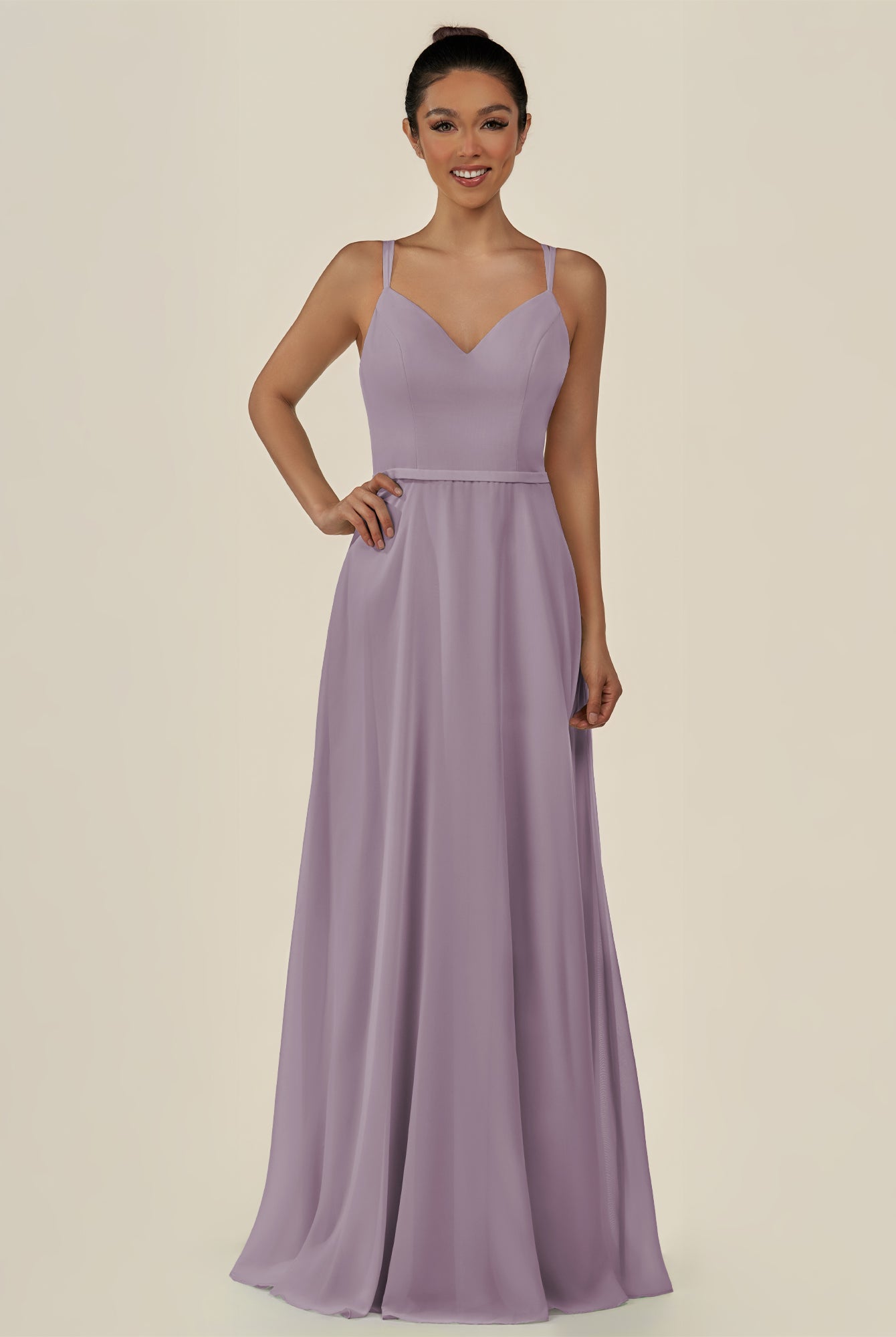 KissDress-Lurne Dusk A Line Chiffon V Neck Long Bridesmaid Dress with Cinched Waistline