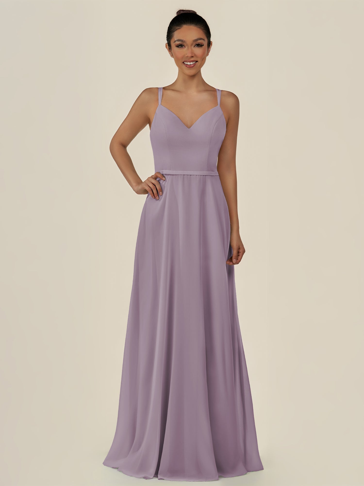 KissDress-Lurne Dusk A Line Chiffon V Neck Long Bridesmaid Dress with Cinched Waistline