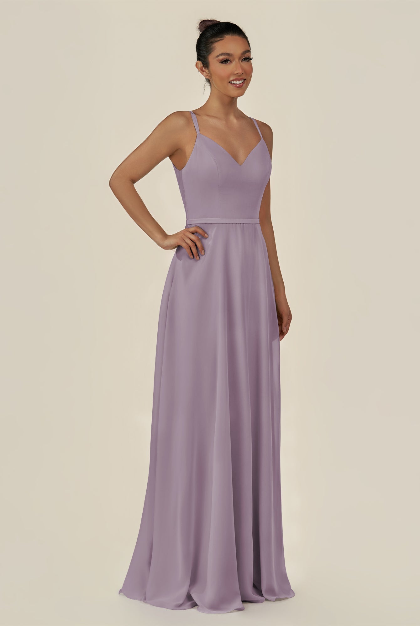 KissDress-Lurne Dusk A Line Chiffon V Neck Long Bridesmaid Dress with Cinched Waistline