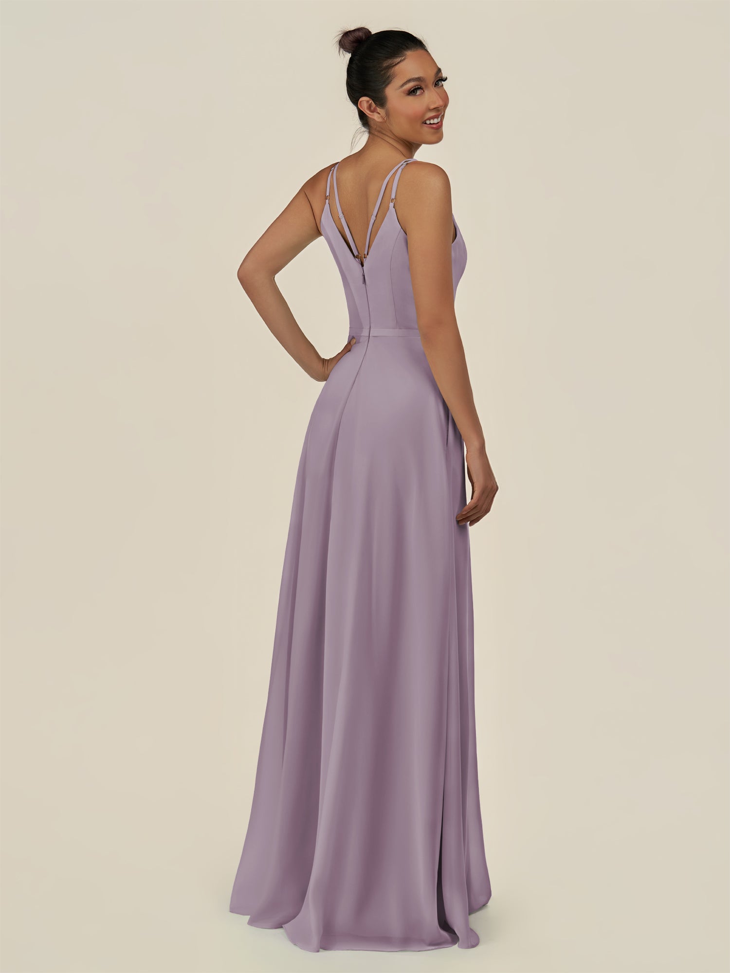 KissDress-Lurne Dusk A Line Chiffon V Neck Long Bridesmaid Dress with Cinched Waistline