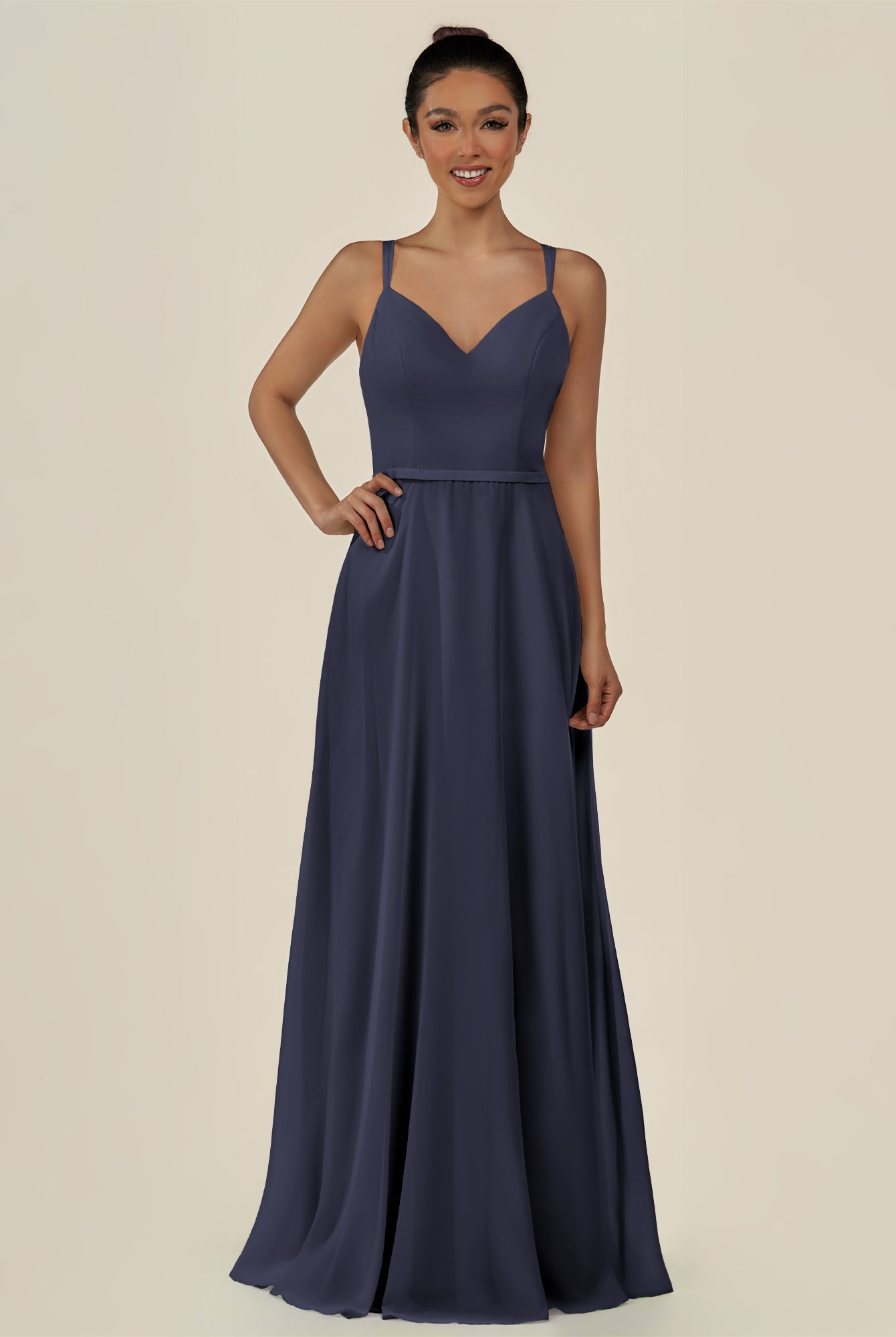 KissDress-Lurne Dusk Blue A Line Chiffon V Neck Long Bridesmaid Dress with Cinched Waistline