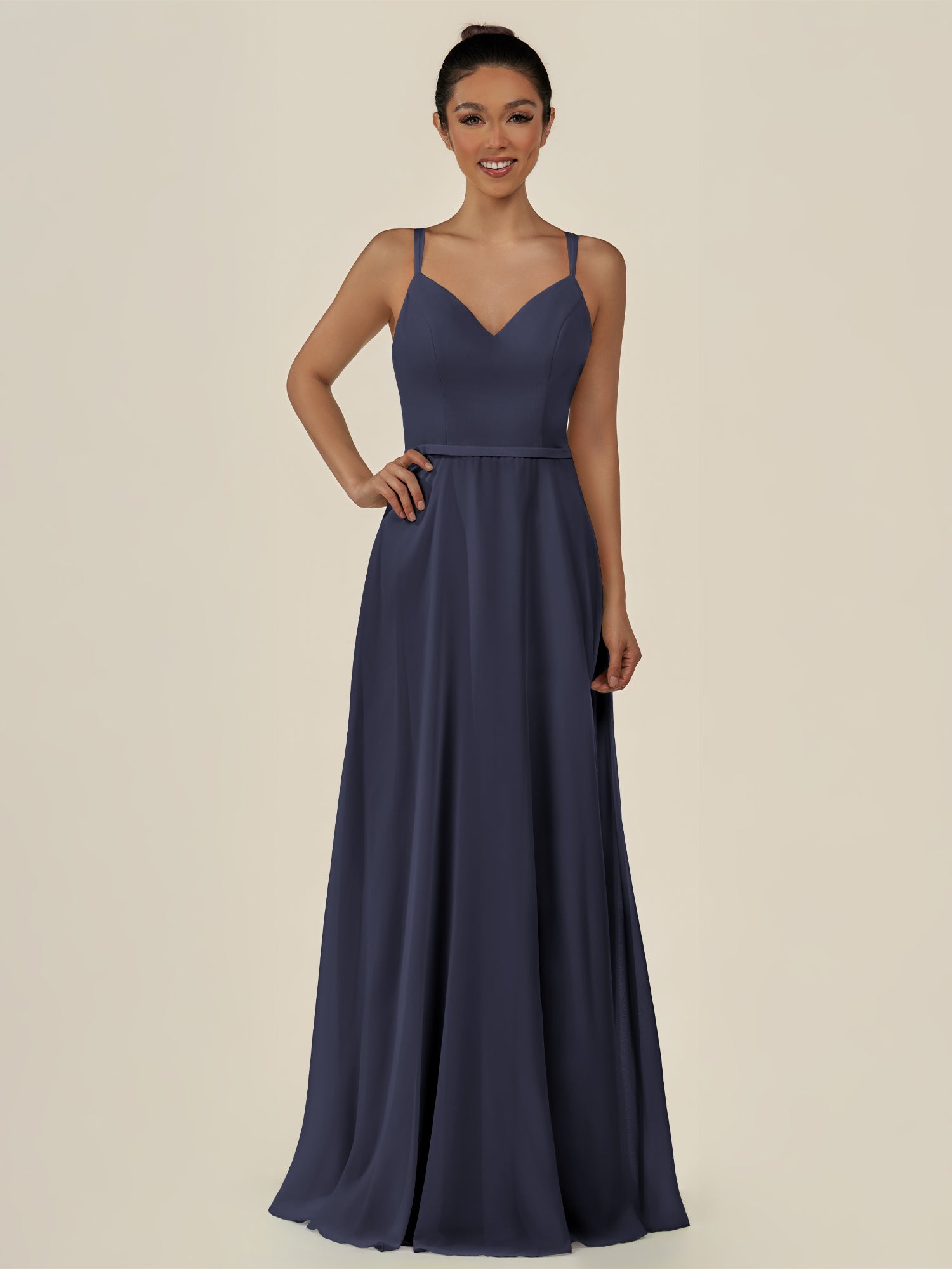 KissDress-Lurne Dusk Blue A Line Chiffon V Neck Long Bridesmaid Dress with Cinched Waistline