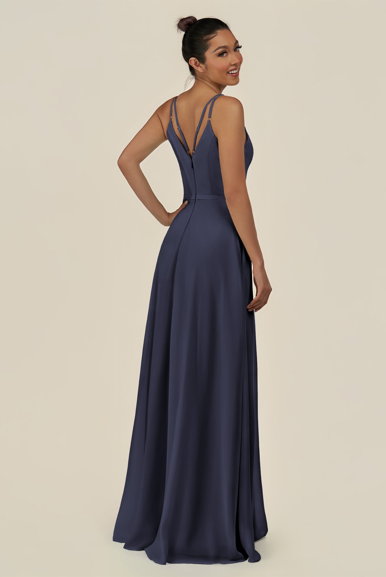 KissDress-Lurne Dusk Blue A Line Chiffon V Neck Long Bridesmaid Dress with Cinched Waistline