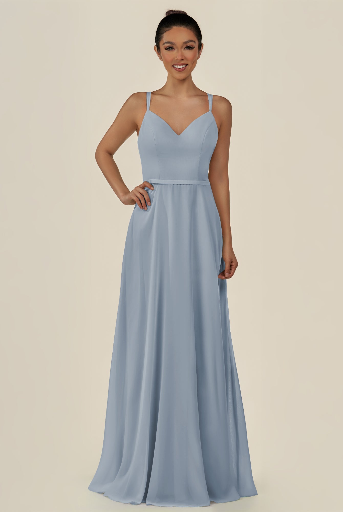 KissDress-Lurne Dusty Blue A Line Chiffon V Neck Long Bridesmaid Dress with Cinched Waistline