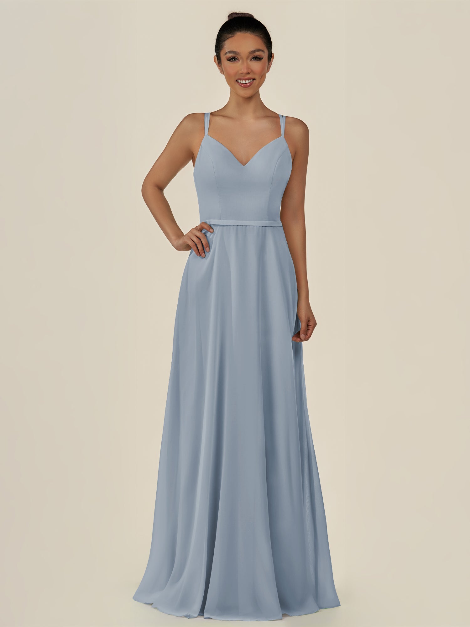 KissDress-Lurne Dusty Blue A Line Chiffon V Neck Long Bridesmaid Dress with Cinched Waistline