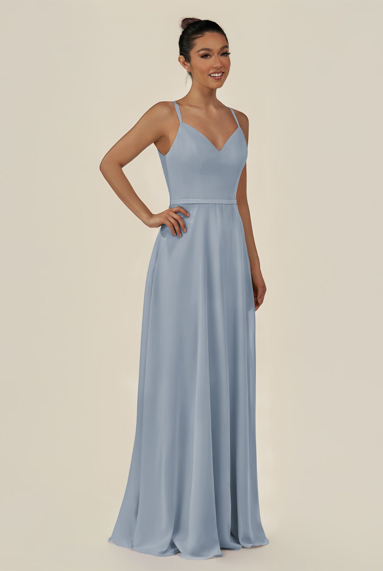 KissDress-Lurne Dusty Blue A Line Chiffon V Neck Long Bridesmaid Dress with Cinched Waistline