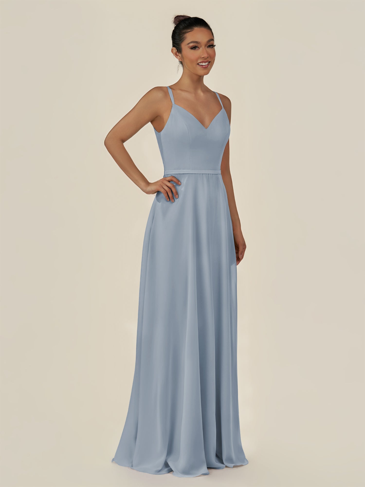 KissDress-Lurne Dusty Blue A Line Chiffon V Neck Long Bridesmaid Dress with Cinched Waistline