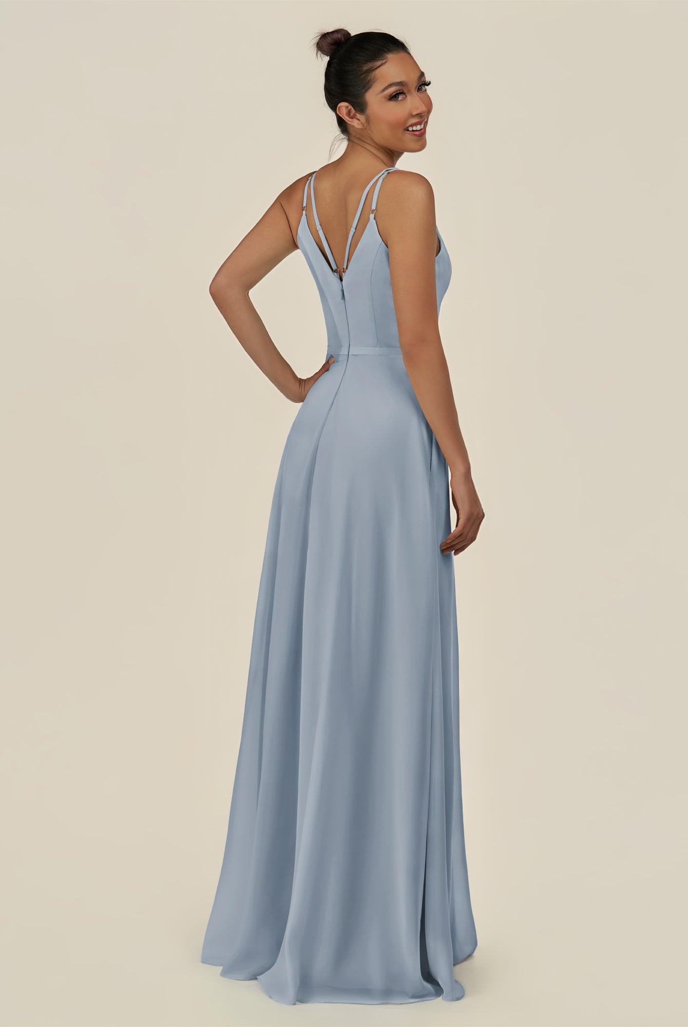KissDress-Lurne Dusty Blue A Line Chiffon V Neck Long Bridesmaid Dress with Cinched Waistline