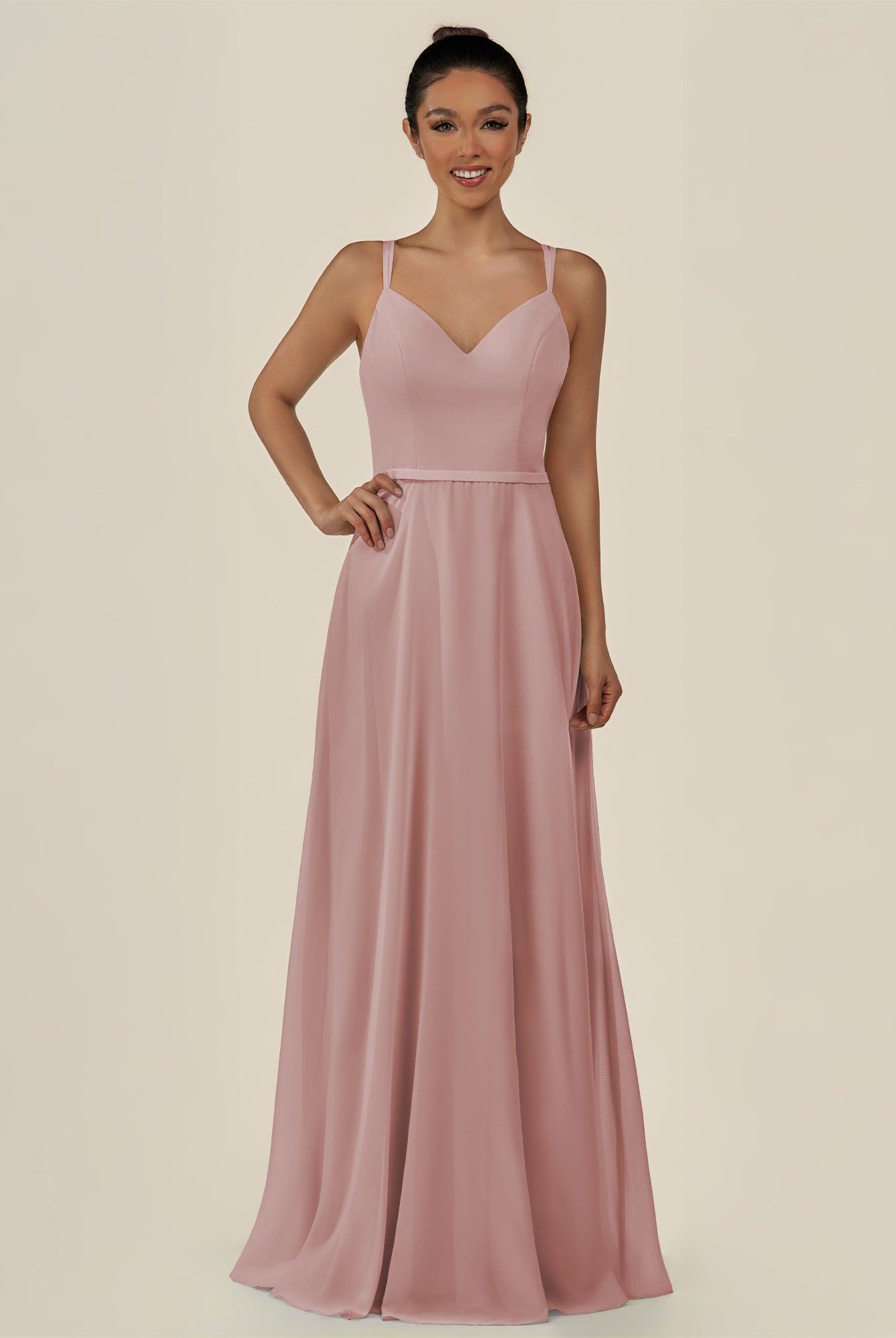 KissDress-Lurne Dusty Rose A Line Chiffon V Neck Long Bridesmaid Dress with Cinched Waistline