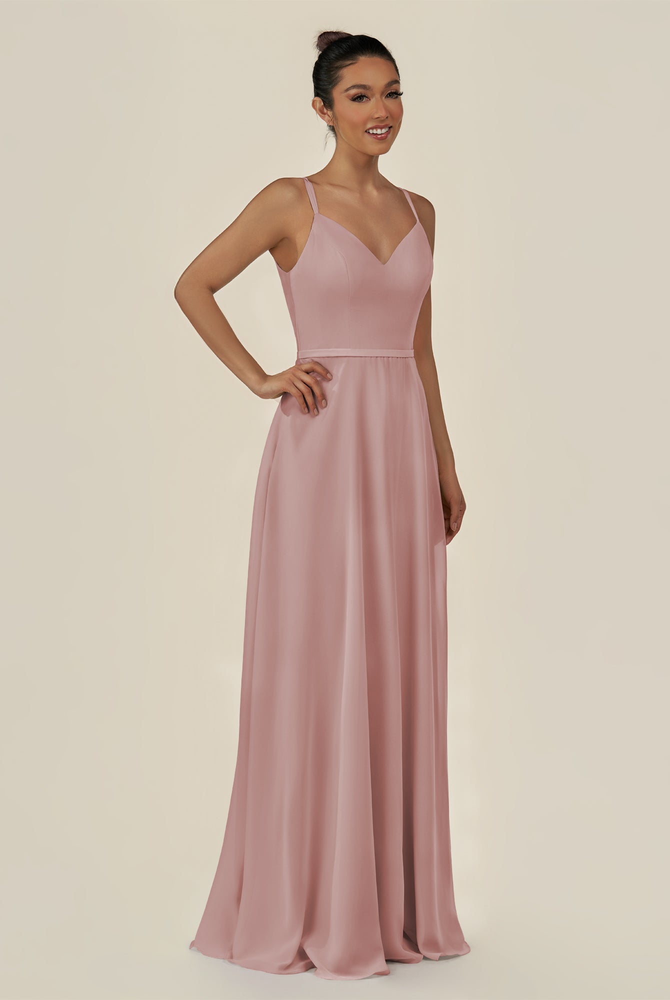 KissDress-Lurne Dusty Rose A Line Chiffon V Neck Long Bridesmaid Dress with Cinched Waistline