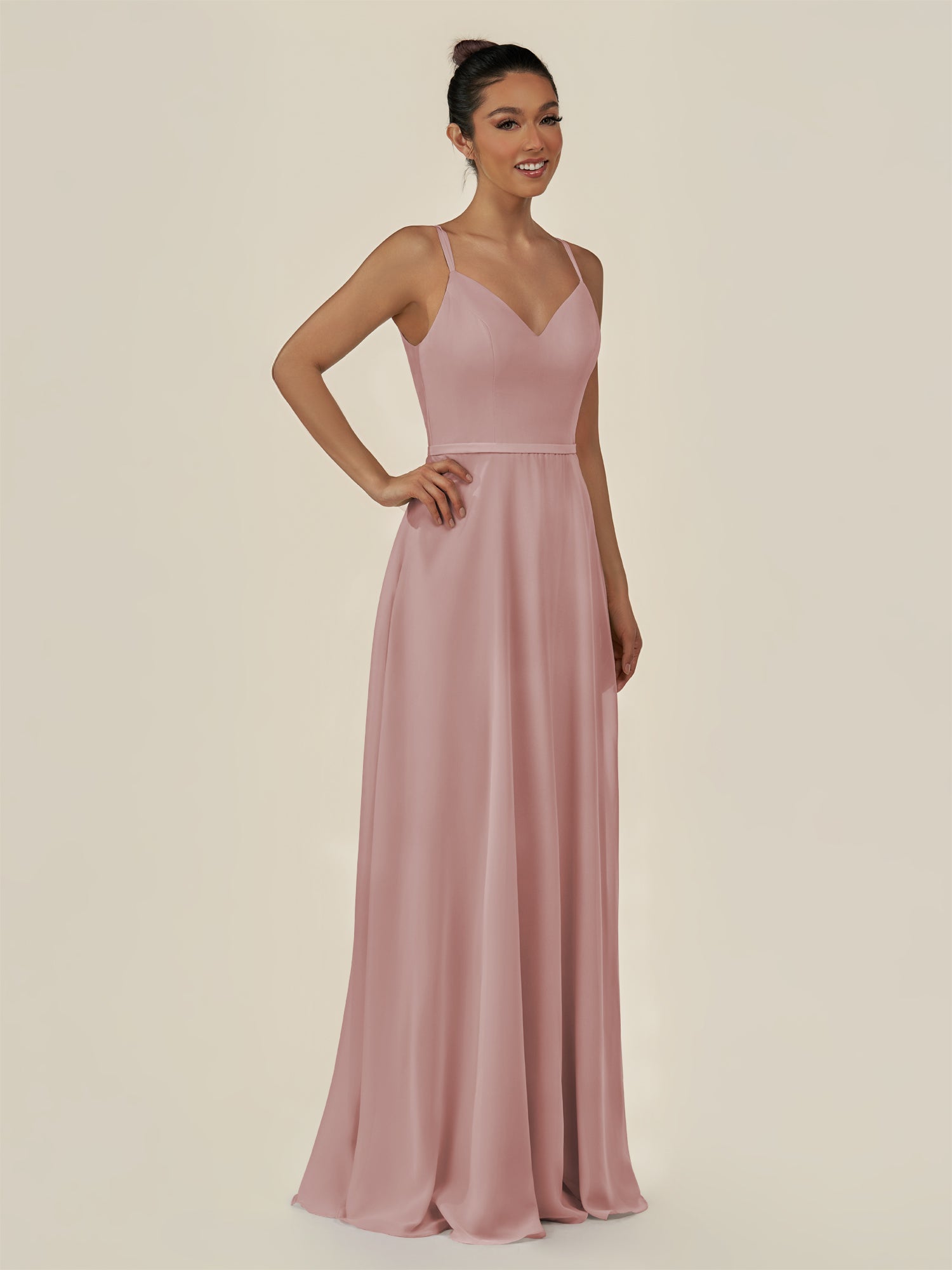 KissDress-Lurne Dusty Rose A Line Chiffon V Neck Long Bridesmaid Dress with Cinched Waistline