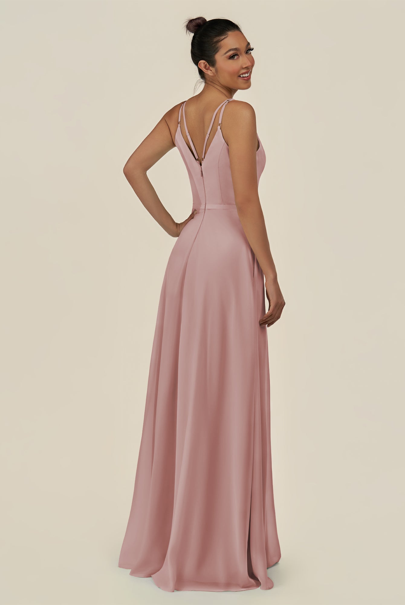 KissDress-Lurne Dusty Rose A Line Chiffon V Neck Long Bridesmaid Dress with Cinched Waistline