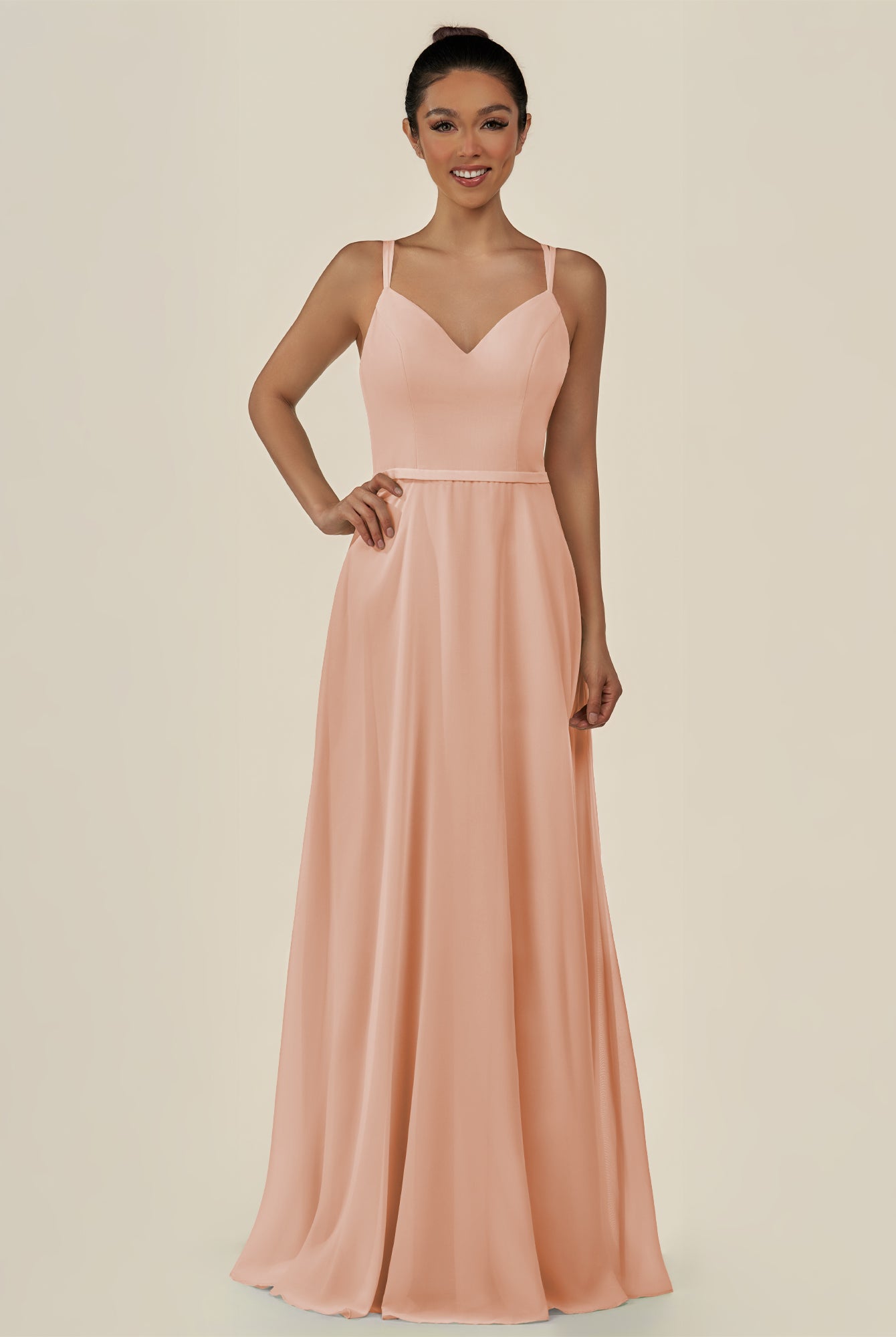 KissDress-Lurne English Rose A Line Chiffon V Neck Long Bridesmaid Dress with Cinched Waistline