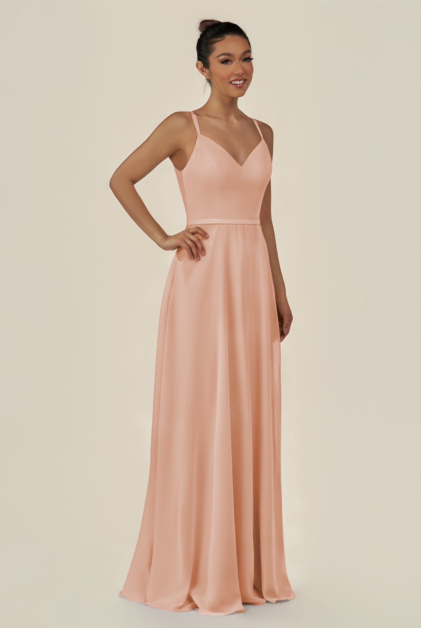 KissDress-Lurne English Rose A Line Chiffon V Neck Long Bridesmaid Dress with Cinched Waistline