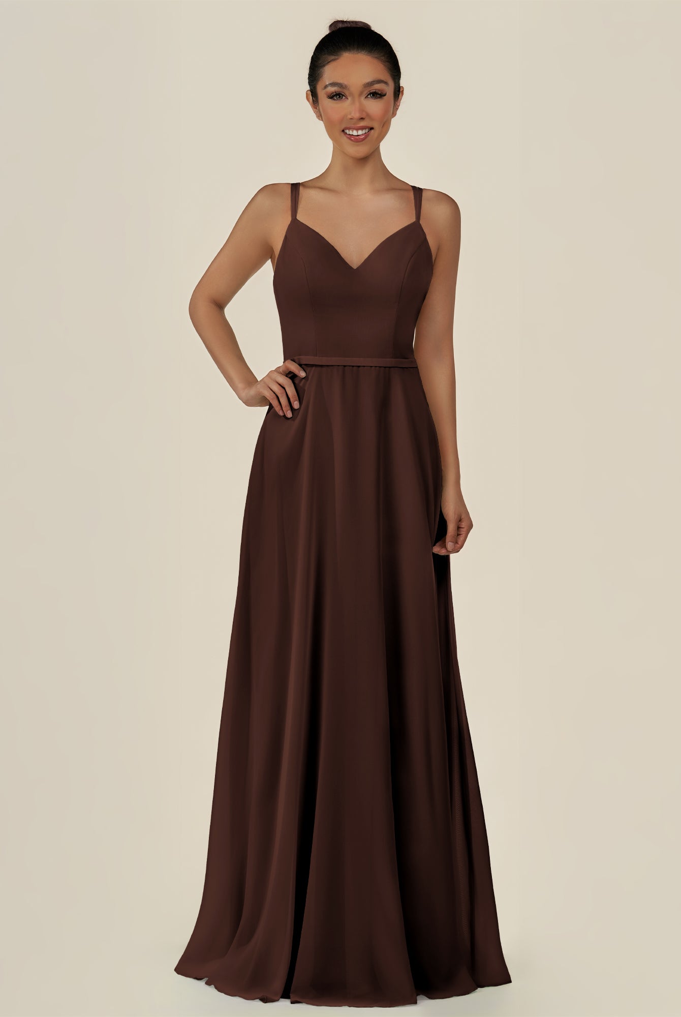 KissDress-Lurne Espresso A Line Chiffon V Neck Long Bridesmaid Dress with Cinched Waistline