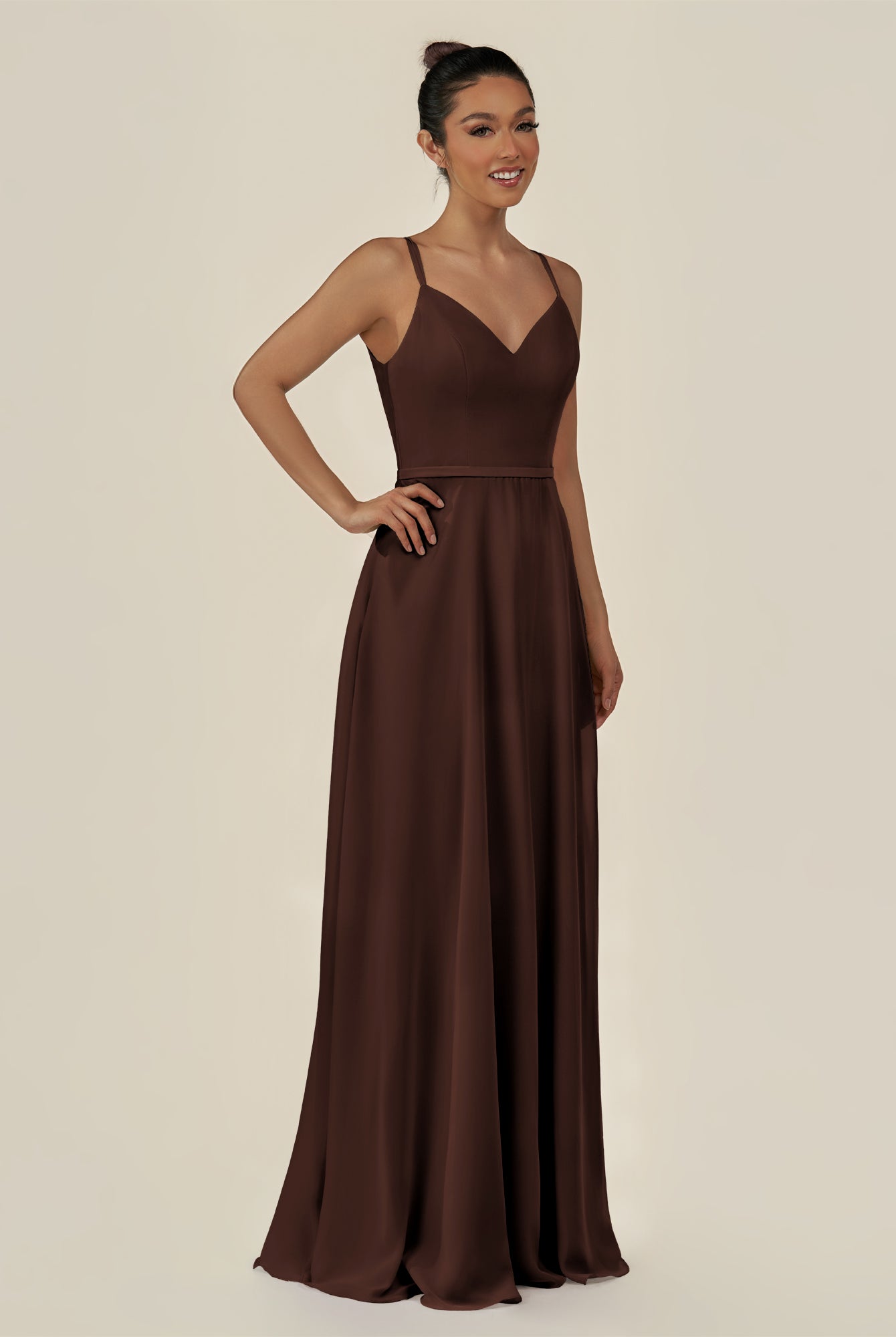 KissDress-Lurne Espresso A Line Chiffon V Neck Long Bridesmaid Dress with Cinched Waistline