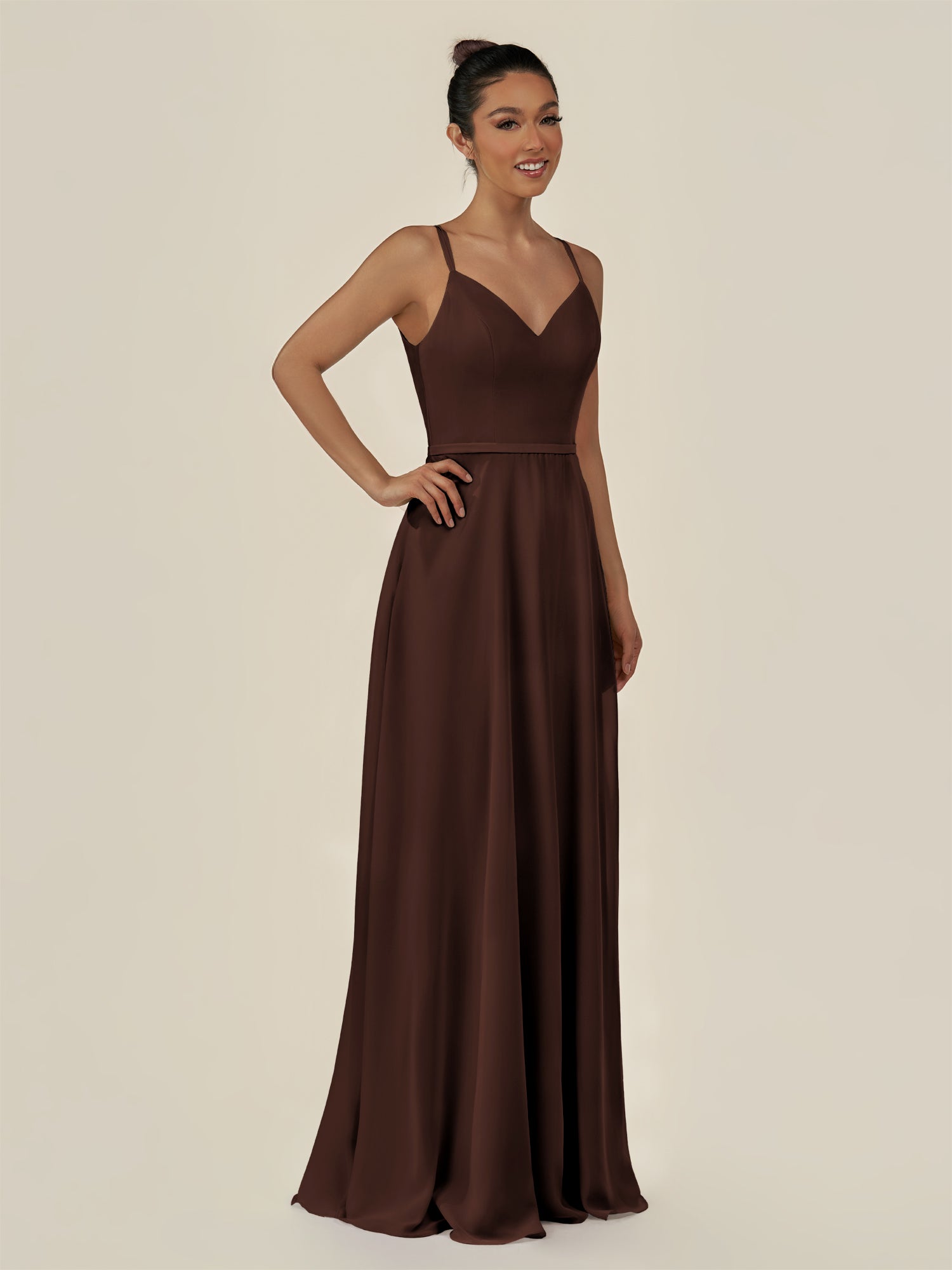KissDress-Lurne Espresso A Line Chiffon V Neck Long Bridesmaid Dress with Cinched Waistline