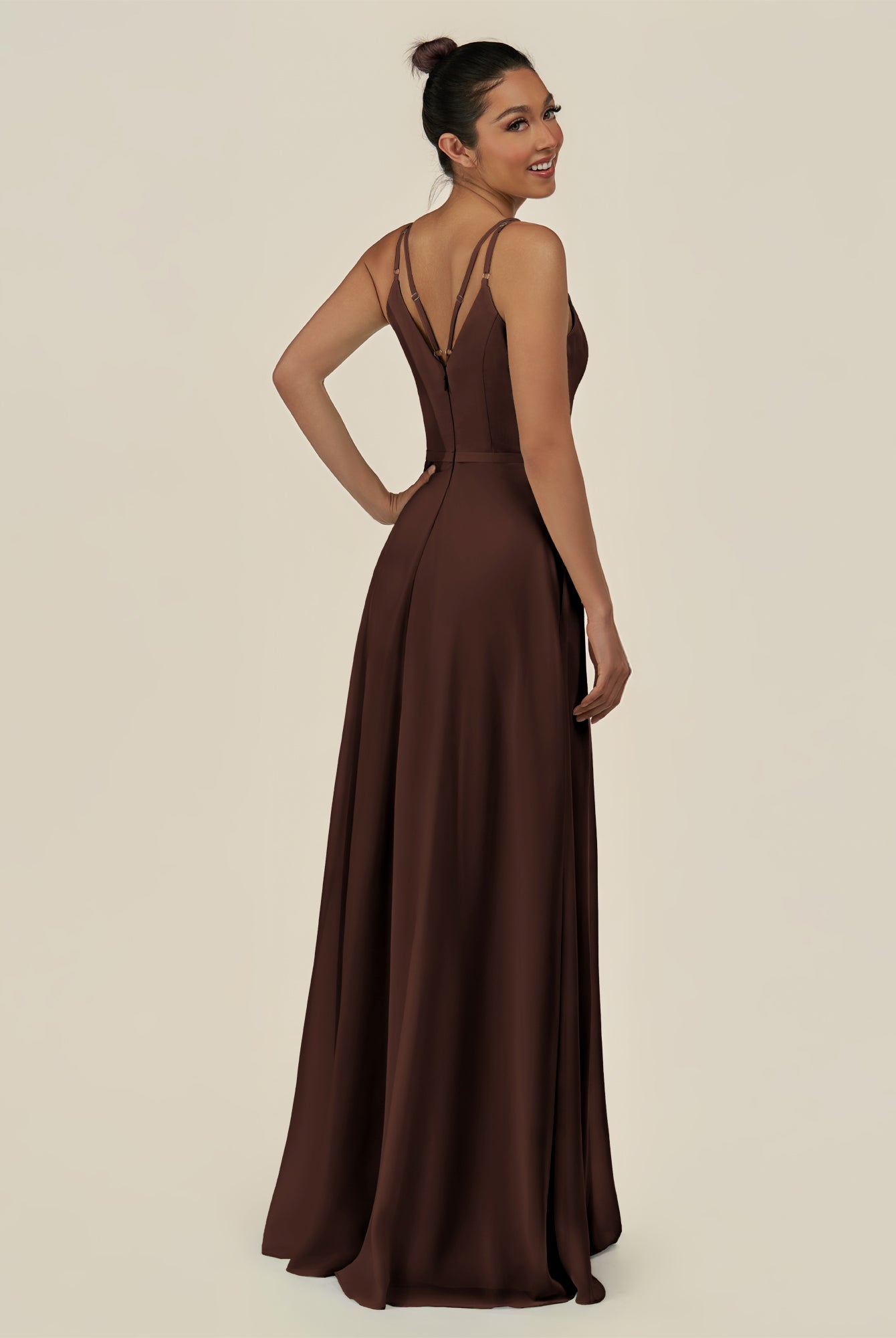 KissDress-Lurne Espresso A Line Chiffon V Neck Long Bridesmaid Dress with Cinched Waistline